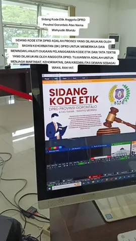SIDANG KODE ETIK DPRD ADALAH PROSES YANG DILAKUKAN OLEH BADAN KEHORMATAN (BK) DPRD UNTUK MEMERIKSA DAN MENINDAKLANJUTI DUGAAN PELANGGARAN KODE ETIK DAN TATA TERTIB YANG DILAKUKAN OLEH ANGGOTA DPRD. TUJUANNYA ADALAH UNTUK MENJAGA MARTABAT, KEHORMATAN, DAN KREDIBILITAS DEWAN SEBAGAI WAKIL RAKYAT. @PDI Perjuangan @DPRD Provinsi Gorontalo 