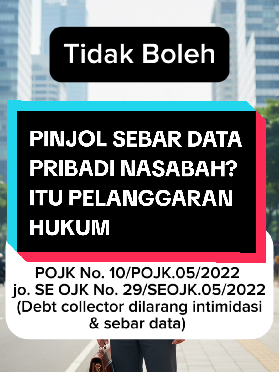 Banyak kasus pinjol ilegal maupun legal yang nakal, di mana debt collector menyebarkan data pribadi nasabah ke keluarga, teman, bahkan rekan kerja. Mereka sering melakukan intimidasi dengan pesan berantai berisi fitnah atau ancaman untuk mempermalukan peminjam. Praktik ini marak terjadi dan membuat korban tertekan secara psikis serta kehilangan rasa aman. Padahal, penyebaran data pribadi jelas melanggar hukum. Aturan OJK (POJK No. 10/POJK.05/2022 jo. SE OJK No. 29/SEOJK.05/2022) melarang penyelenggara pinjol menggunakan cara intimidatif dan mempermalukan nasabah. Ditambah lagi, UU No. 27 Tahun 2022 tentang Perlindungan Data Pribadi menegaskan bahwa membocorkan data tanpa izin bisa dipidana hingga 6 tahun penjara. Artinya, tindakan debt collector yang menyebar data nasabah tidak hanya salah secara etika, tetapi juga bisa dijerat hukum pidana.