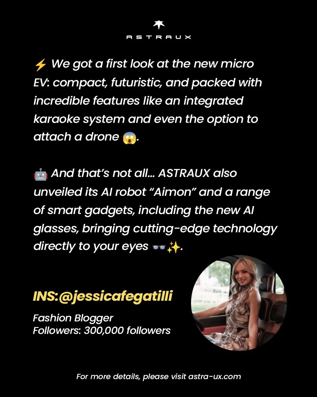 💙✨ We truly appreciate your love and support! From our product showcases to attending
 the exhibition in person, it has been an unforgettable journey.
 Which ASTRAUX product are you most excited to see? 🎉 We’d love to hear your thoughts
 in the comments—we can’t wait to read them! More updates via the link in bio：https://astra-ux.com/
 #ASTRAUX  #electricvehicle  #electricvehiclesarethefuture #evlife  #electriccar 
    
  
