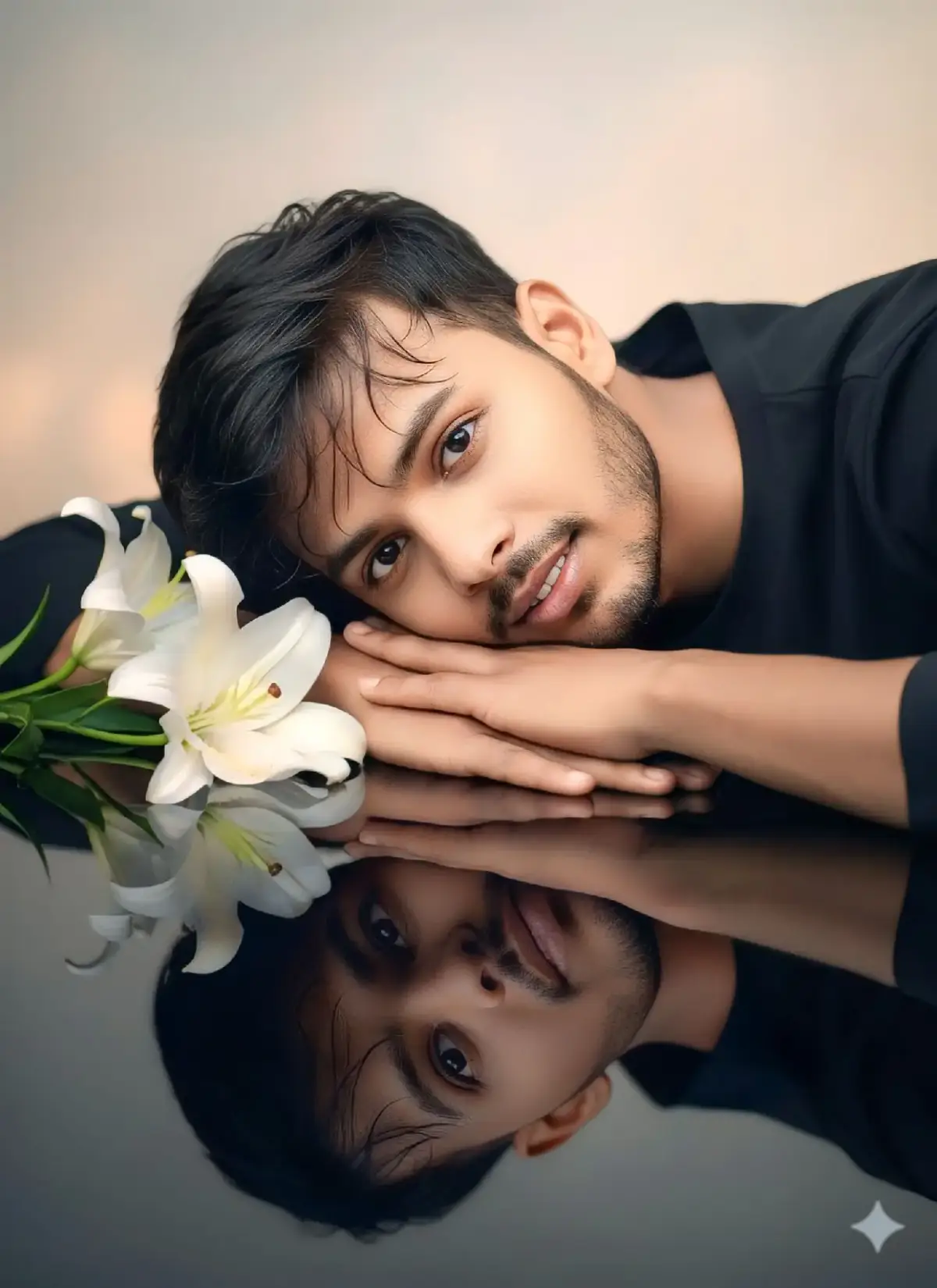 A dreamy, ultra-realistic portrait of a handsome young man lying gracefully beside white lilies, his head resting gently on his arms, reflected perfectly on a glossy black surface. Soft cinematic lighting highlights his glowing skin and sharp yet delicate facial features, with slightly wet strands of hair falling naturally across his forehead. The mood is ethereal, romantic, and artistic, with a serene atmosphere. High detail, professional studio photography, 8K resolution. #geminis #gemini #geminifourth #googlegemini #foryou 