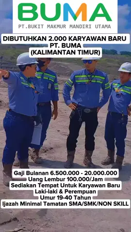 DIBUTUHKAN 2.000 KARYAWAN BARU  PT. BUMA (KALIMANTAN TIMUR) Gaji Bulanan 6.500.000 - 20.000.000 Uang Lembur 100.000/Jam Sediakan Tempat Untuk Karyawan Baru Laki-laki & Perempuan Umur 19-40 Tahun Ijazah Minimal Tamatan SMA/SMK/NON SKILL UNTUK PENDAFTARAN SILAHKAN KLIK LINK YANG ADA DI BIO PROFIL. #lowonganpekerjaan #ptbuma #ptbukitmakmurmandiriutama #kalimantantimur #masukberandafyp 