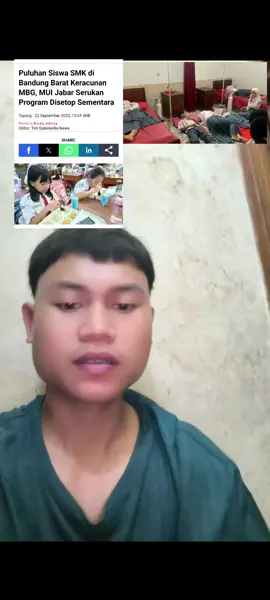 Jumlah korban keracunan massal usai mengkonsumsi paket Makan Bergizi Gratis (MBG) di Kecamatan Cipongkor, Kabupaten Bandung Barat (KBB), terus bertambah. Data Puskemas Cipongkor mencatat, jumlah korban mencapai 63 orang terdiri dari siswa Sekolah Menengah Kejuruan (SMK) Pembangunan Bandung Barat (PBB), Madrasah Tsanawiyah (MTS) Darul Fiqri, hingga Sekolah Dasar Negeri (SD) Cipari. Para korban keracunan dirawat di tiga poko kesehatan meliputi UGD Poned Puskesmas Cipongkor, GOR Kantor Kecamatan Cipongkor, serta Bidan Desa Sirnagalih. Hingga pukul 18:00 WIB, ada 14 orang korban dirujuk ke RSUD Cililin karena mengalami perburuan kondisi ditandai dengan keluhan sesak dan kejang. #viraltiktok #fyp #makanangratis #mbg #informasi 