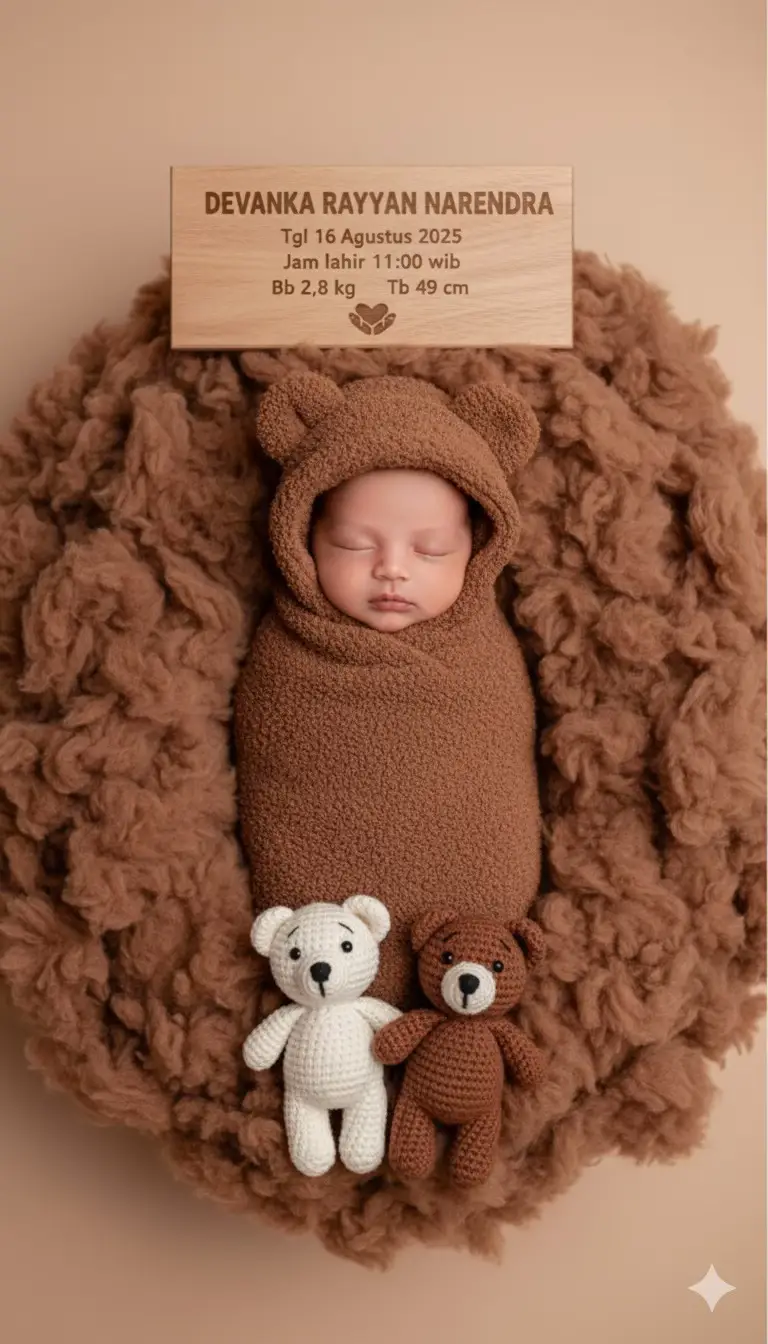 Buat foto newborn bayi laki laki bertema dreamy tidur  dengan awan awan berwarna mauve , dengan bayi memakai baju kepompong mauve dan ada topi beruangnya , di depan bayi ada boneka rajut beruang warna putih dan warna mauve . baground warna mauve di samping ada awan membentuk angka 1-12 besar warna putih  jangan merubah wajah asli Note : warna bisa di ubah sesuai keinginan 🥰 Selamat mencoba 🫶🏻😚#newborn #fotobayi #gemini #geminiai #fotoshoot 