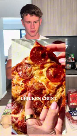 CHICKEN CRUST PIZZA WITH 176G PROTEIN??? If you are the whole thing you get all your protein for the day (even more for a lot of people) Too good to be true?? I try viral recipes so you don’t have to, follow me  Big ups @basicswithbails for this insane recipe!  “INGREDIENTS - CHICKEN CRUST 450g ground chicken 2 large eggs 1/2 cup grated parmesan cheese 1 tsp garlic powder 1 tsp italian seasoning 1/2 tsp salt 1/2 tsp black pepper TOPPINGS 1/2 cup pizza sauce 1 cup grated mozarella cheese (I used low fat) 20 turkey pepperoni slices ( I used normal but 9 slices)  DIRECTIONS - 1) Set your oven to 400°F and line a baking sheet with parchment paper. 2) In a large bowl, mix together ground chicken, eggs, parmesan, garlic powder, Italian seasoning, salt, and black pepper until fully combined. 3) Transfer the chicken mixture onto the prepared baking sheet and press it into a thin, even circle or rectangle. You want it thin or else it will have a hard time getting crispy.  4) Pop it in the oven for 25 minutes, or until golden and firm. Let it rest for 5 minutes to set. 5) Crank the oven up to 425°F. Spread on your favorite pizza sauce, cheese, and toppings. 6) Bake for another 10 minutes, until the cheese is melty and bubbly. 7) Let it cool slightly, then dig in and enjoy every crispy, cheesy bite!” Macros I calculated for the entire pizza: Calories: 1351 Protein: 187g  Fat: 64 Carb: 17 Per slice: 169 Calories  23g Protein  8g Fat 2g Carb