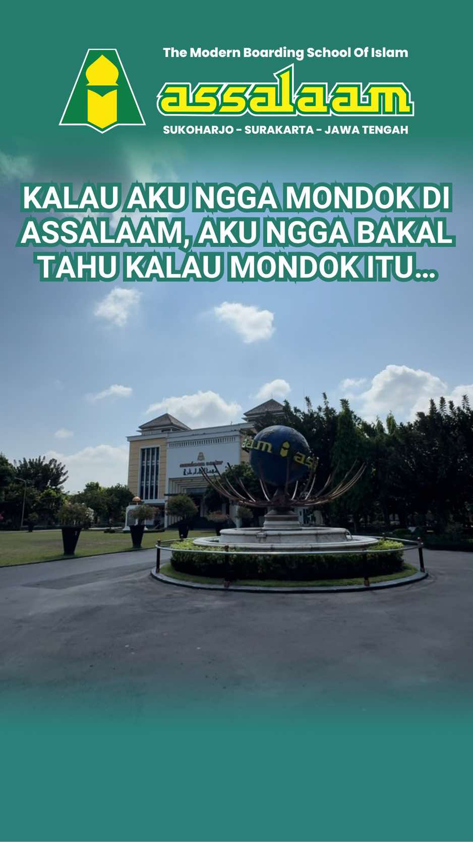 Kalau nggak mondok di Assalaam… aku nggak bakal tahu kalau mondok itu… Coba tebak ending-nya 👀 Yuk Daftar sekarang, biar bisa merasakan juga serunya mondok di Assalaam!” Pendaftaran Santri Baru Tahun Pelajaran 2026/2027 unit MTs, SMP TQS, MA, SMA, & SMK masih dibuka.  ‼️Pendaftaran : 1 September – 8 November 2025 Tes Seleksi : Ahad, 9 November 2025 (Raih beasiswa untuk calon santri berprestasi) ‼️Informasi & Pendaftaran : • Hubungi: 0811-908-0707 • Daftar: sipenwaru.assalaam.or.id • Kunjungi: Kantor Humas PPMI Assalaam