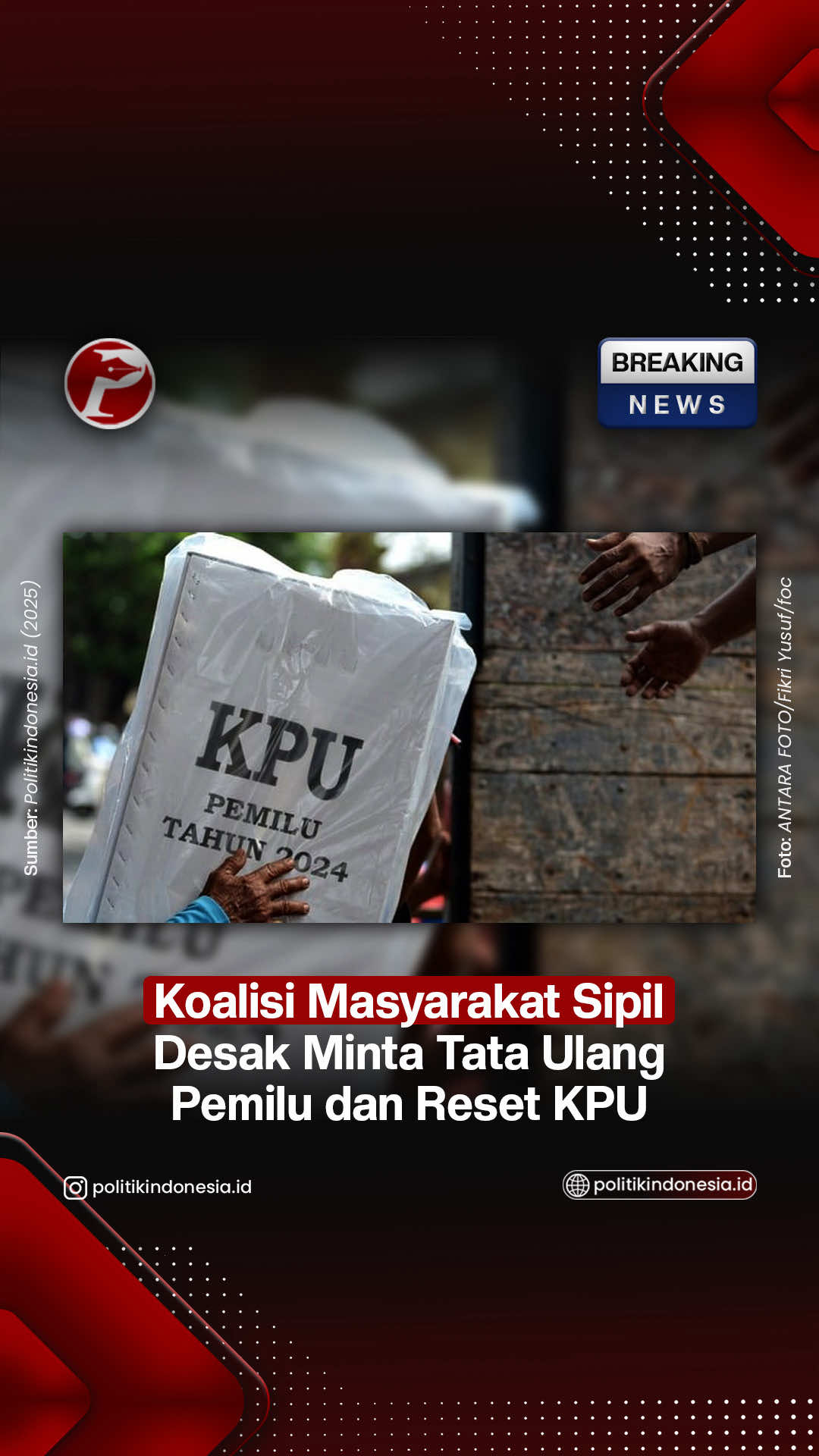 Koalisi Masyarakat Sipil yang terdiri dari berbagai lembaga sipil menyuarakan tagar #ResetKPU untuk mendesak penataan ulang sistem pemilihan umum (pemilu) yang dinilai kini terdapat beragam persoalan. Sekretaris Jenderal (Sekjen) Koalisi Perempuan Indonesia, Mike Verawati, yang mewakili koalisi tersebut mengatakan bahwa revisi UU Pemilu harus segera dilakukan mengingat banyaknya masalah pada lembaga penyelenggara pemilu itu, mulai dari masalah sistem teknologi yang buruk, kebijakan yang janggal, hingga etika para anggotanya. 