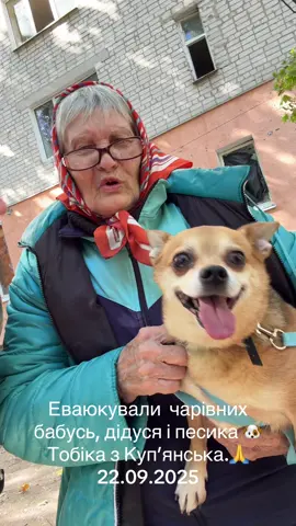 Евакуювали з міста Куп’янськ дві бабусі, дідуся і песика на прізвисько Тобік. На жаль в місці залишатися небезпечно для життя.            @Андрій Беседін 