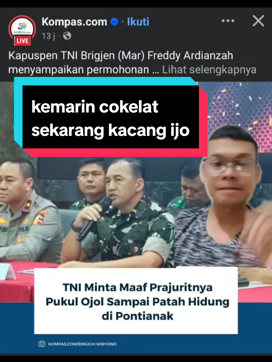 TNI PUKUL OJOL HIDUNGNYA PATAH udah bingung lah gk bisa ngomong kemarin parcok sekarang kacang ijoo#fyppppppppppppppppppppppp #ojol #tniindonesia🇮🇩 #mintamaaf 