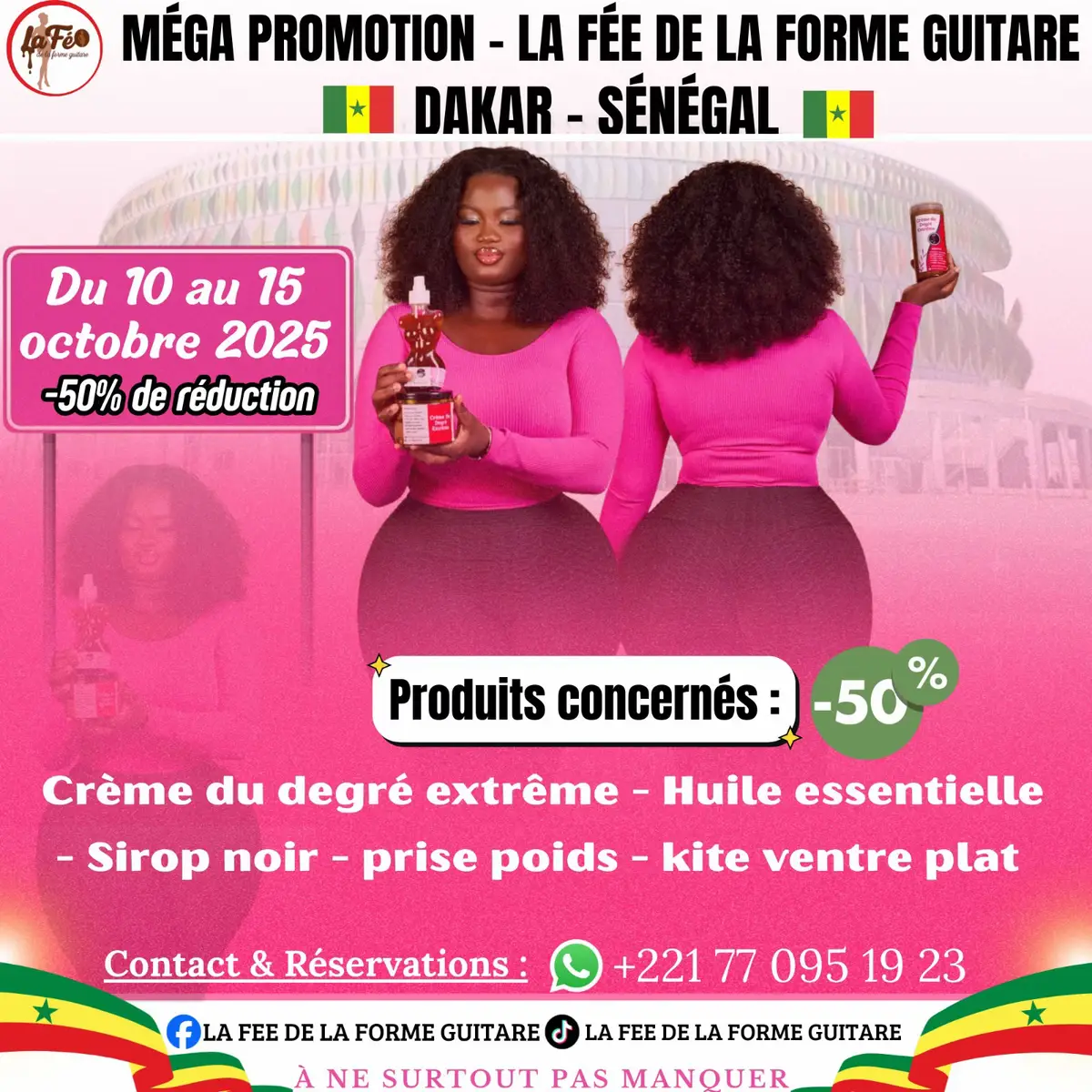 Mes Sénégalais(es) d’amour ❤️, Depuis le début de l’année je n’ai pas encore lancé de promotion dans votre pays. Voici donc une grande occasion de vous ravitailler 🎊 ! Je suis La Fée de la Forme Guitare, pour toutes celles qui rêvent d’avoir de belles hanches et de jolies fesses. 👉 Profitez de -50 % de réduction sur TOUS nos produits ! 📲 Contact direct de la représentante : WhatsApp : +221 77 095 19 23 ⚡ Peu importe où vous vous trouvez dans le monde 🌍 : 	•	Si vous êtes au Sénégal 🇸🇳, vous commandez directement. 	•	Si vous êtes à l’étranger, il vous suffit d’écrire à la représentante, et votre colis sera expédié jusque chez vous 📦✈️. ✅ Les précommandes sont déjà ouvertes, ne ratez pas cette opportunité unique d’obtenir la forme dont vous rêvez ✨