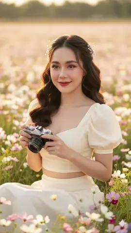 รับทำรูปนะคะ ทักแชทค่ะ #gemini #Ai #แจกpromptฟรี  Prompt 🌷 : A slim young woman with a V-shaped slim face sitting in a colorful pastel flower field during golden hour, holding a vintage camera. Outfit: NEW soft-cream crop top with short puff sleeves and a slightly open neckline showing the collarbone, paired with a matching high-waist flowing cream skirt (do NOT use the outfit from the original photo). Hairstyle: use ONLY this style — long loose romantic curls with extra volume at the crown, styled half-up with a gentle twist or small braid detail, decorated with delicate tiny floral hair accessories, dreamy and elegant princess-like. Do NOT use the hairstyle from the original reference photo. She wears Douyin makeup style focusing on the eyes: soft blended pink-peach eyeshadow with shimmer, delicate eyeliner with a slightly lifted tail, light glitter under the eyes for sparkle, and long wispy lashes for big dreamy eyes. Her brows are soft and natural, lips with gradient cherry-pink. Captured in a wide cinematic shot, aspect ratio 4:3, dreamy romantic atmosphere, shallow depth of field, natural golden sunlight, pastel tones, and soft bokeh. Her face must match the provided reference 100% identical, realistic, natural, highly detailed, with a slim V-shaped face and a gentle sweet smile. Ultra realistic, cinematic lighting, sharp details, 8K resolution. No distortion, no blur, no text, no watermark.