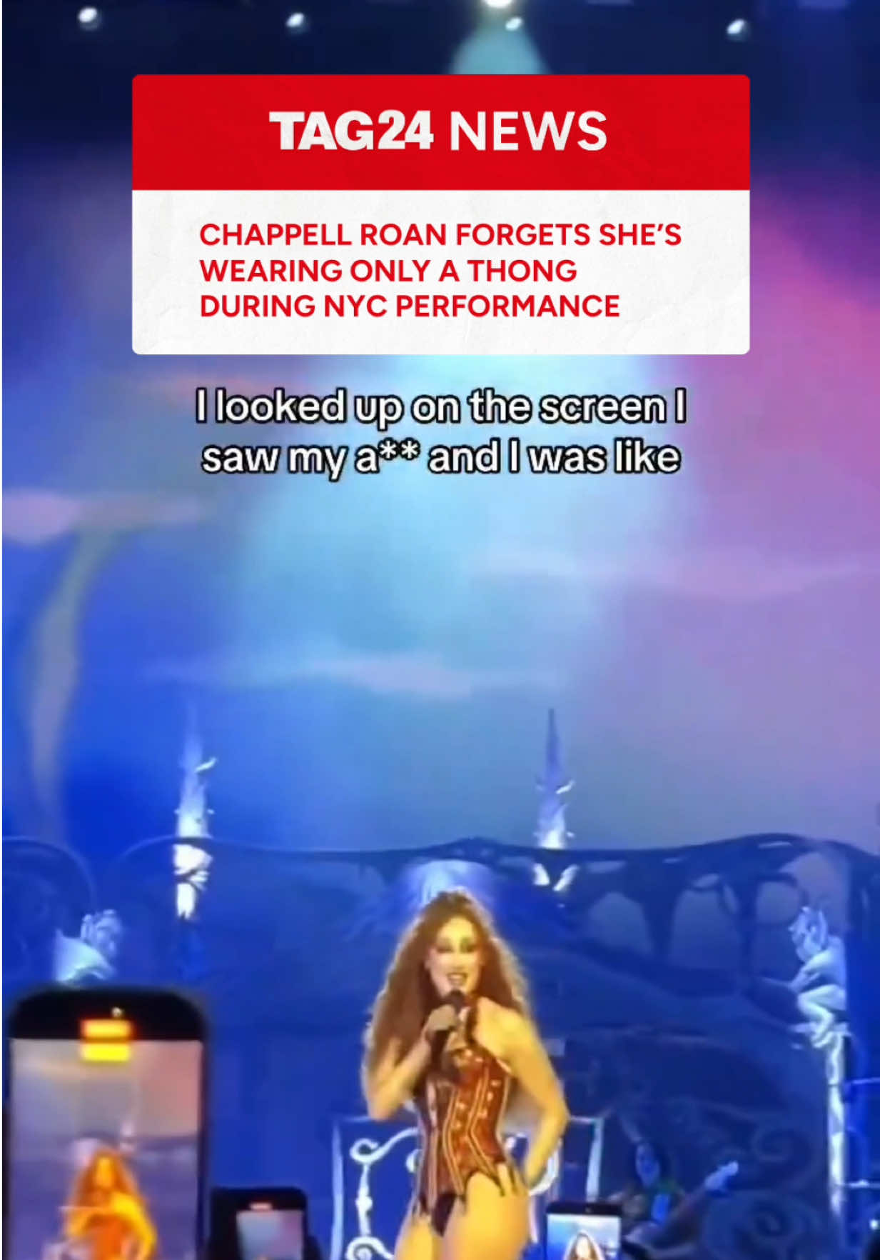 Not Chappell Roan getting surprised by her own thong on the big screen during her Visions of Damsels & Other Dangerous Things tour in New York City 😭🍑 @chappell roan  🎥: X/@rebelredpocket