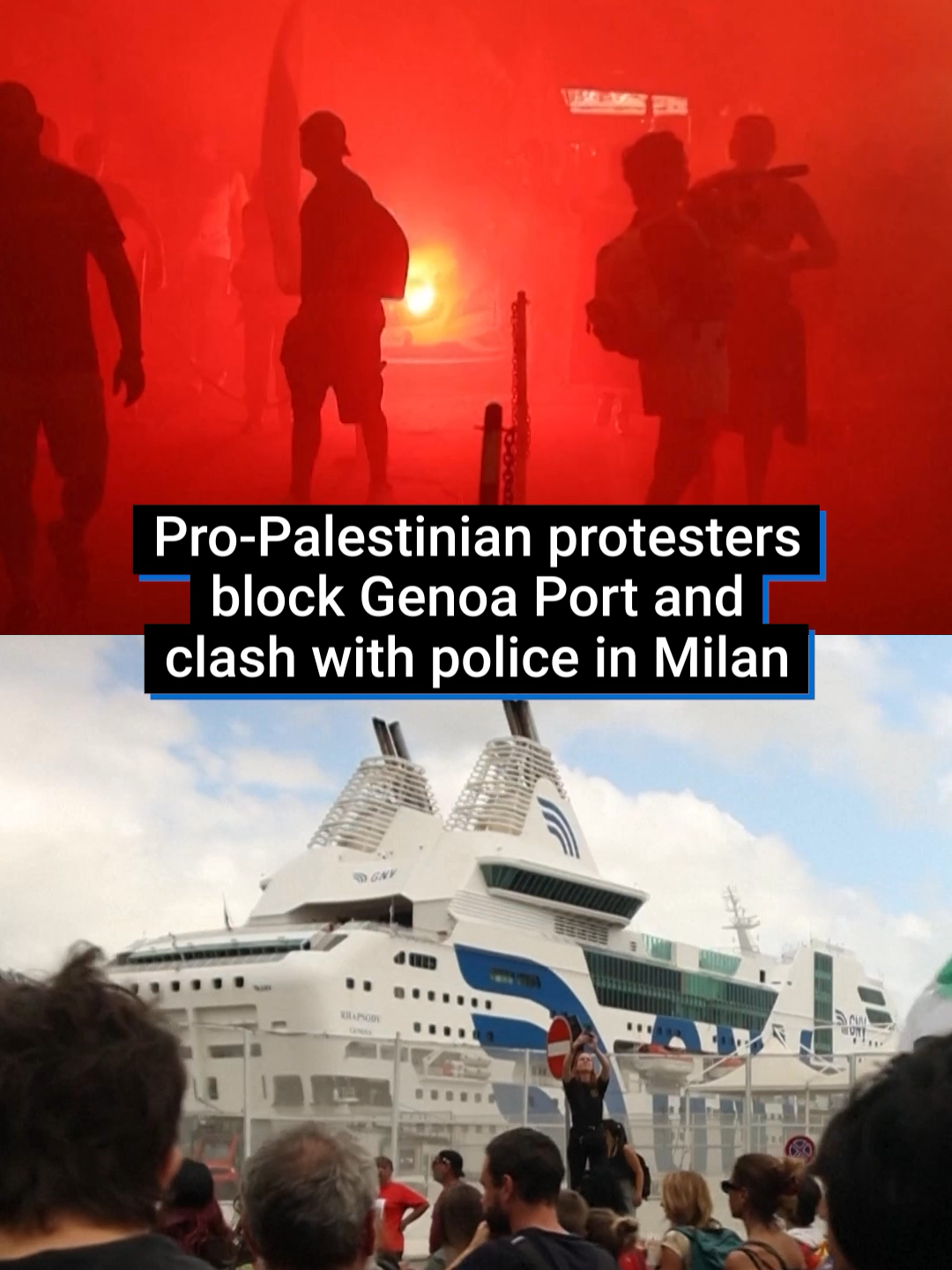 Ports in Italy have been blocked as Pro-Palestinian protesters clash with police across the country. The protests were part of a nationwide strike called by trade unions against the mass killings of Palestinians in Gaza. More than 10 people were arrested in Milan and around 60 police officers suffered bruising or more serious injuries, according to Italy's ANSA news agency. #israel #gaza #palestine #milan #genoa #port