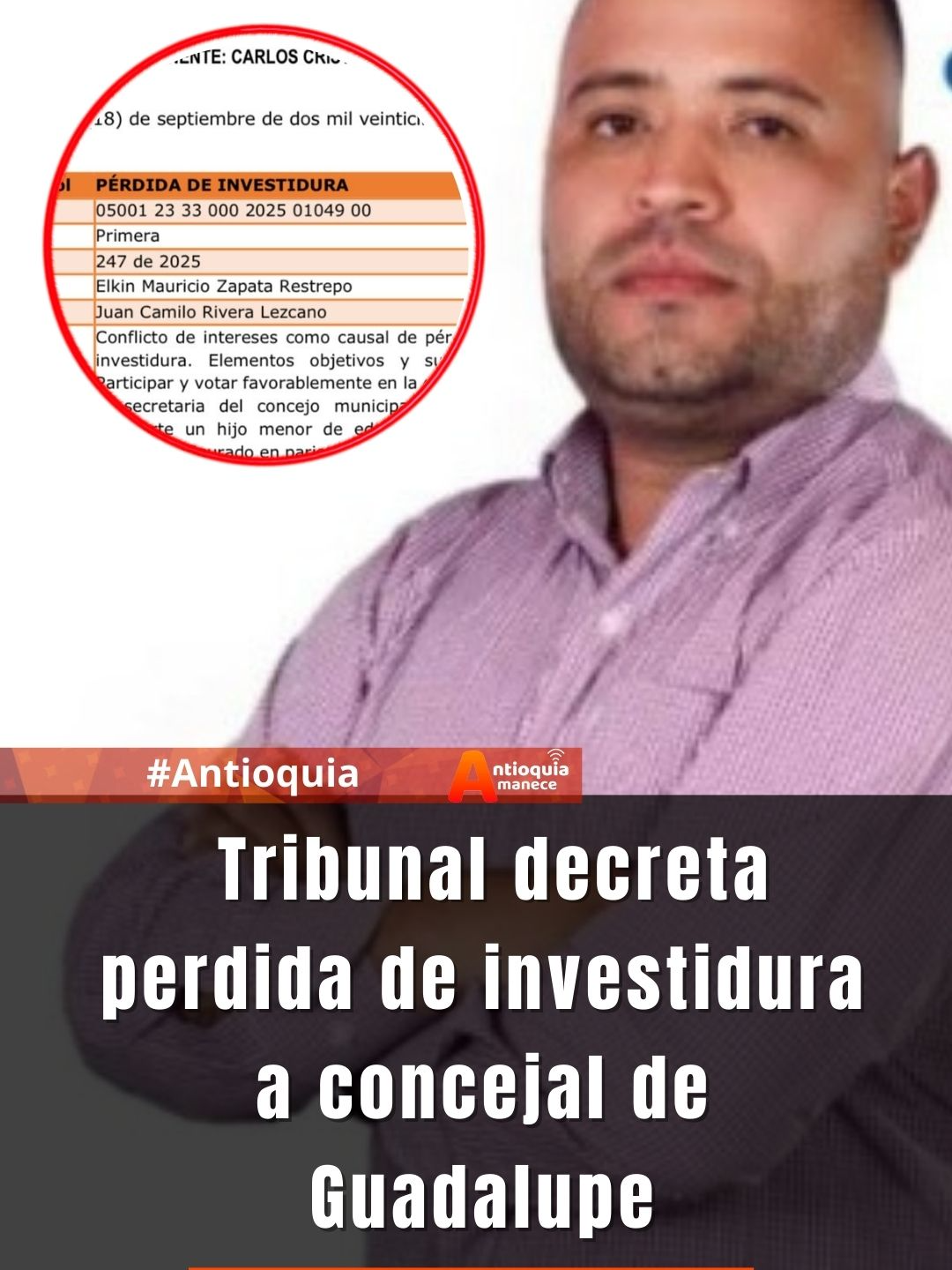 Tribunal decreta perdida de investidura a concejal de Guadalupe El Tribunal Administrativo de Antioquia, decretó en primera instancia, la perdida de investidura del concejal de Cambio Radical del municipio de Guadalupe, Juan Camilo Rivera Lezcano, por considerar que incurrió en violación al régimen de conflicto de intereses, al intervenir en un asunto que reportaba un beneficio económico a un familiar cercano - su hijo -, con la elección de la madre del menor como secretaria del concejo municipal, sin declararse impedido. @alcaldiadagua @tribunaladmant
