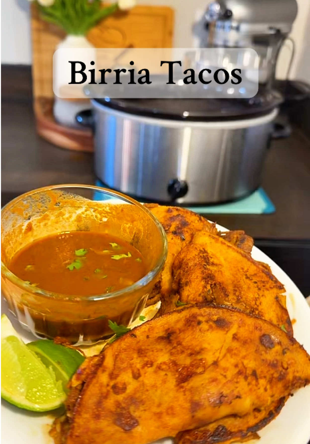 Birria Tacos 🌮💫 Follow for more!   Meat: -2 lbs of beef chuck roast cut into chunks -salt and pepper heavily -add olive oil to a pot on medium high heat and sear the meat in batches  -Remove once all sides are seared   Sauce:  -1 onion chopped -2 guajillo chilies  -2 Padilla chilies  -2 ancho chilies  -1 small can of tomato paste or 2 tomatoes -2 tbsps of minced garlic # - 2 bay leaves -cinnamon to taste -2 cups of beef broth (Remove stems and seeds from chilies)  -Combine ingredients into the same pot and simmer for 5-10 minutes or until peppers and veggies are soft. -blend ingredients together well -put meat in crockpot or the same pot you’re using  -strain sauce back over meat and add 4 cups of beef broth -add 1/2 of a Birria ball or to taste (based on how many lbs of meat being used)  -cook in a crockpot for 4 hours on high or 8 on low or until meat is tender    -Dip one side of the corn tortilla into the sauce and put on a hot pan  -add Monterey Jack cheese, meat, cilantro and onions -fold and cook until crispy on both sides #birriatacos #EasyRecipe #easymeal #food #DinnerIdeas   