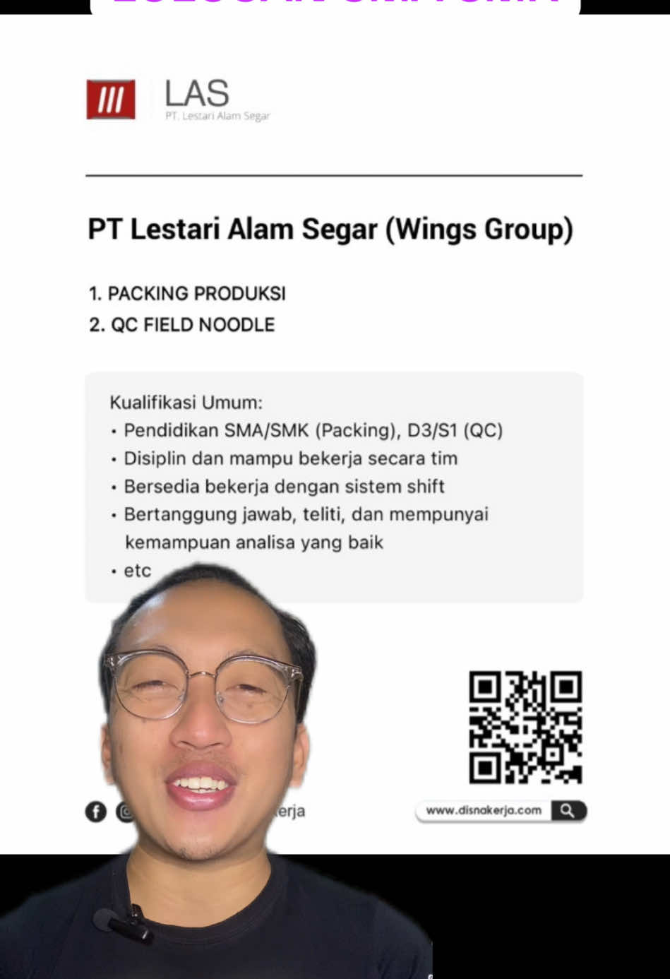 Lowongan Kerja PT Lestari Alam Segar (Wings Group) 1. PACKING PRODUKSI 2. QC FIELD NOODLE Kualifikasi Umum: • Pendidikan SMA/SMK (Packing), D3/S1 (QC) • Disiplin dan mampu bekerja secara tim • Bersedia bekerja dengan sistem shift • Bertanggung jawab, teliti, dan mempunyai kemampuan analisa yang baik • etc Lihat detail: https://www.disnakerja.com/lowongan-kerja-pt-lestari-alam-segar-wings-group/ #infoloker #carikerja #lokerterbaru #lokersmk #lowongankerja 