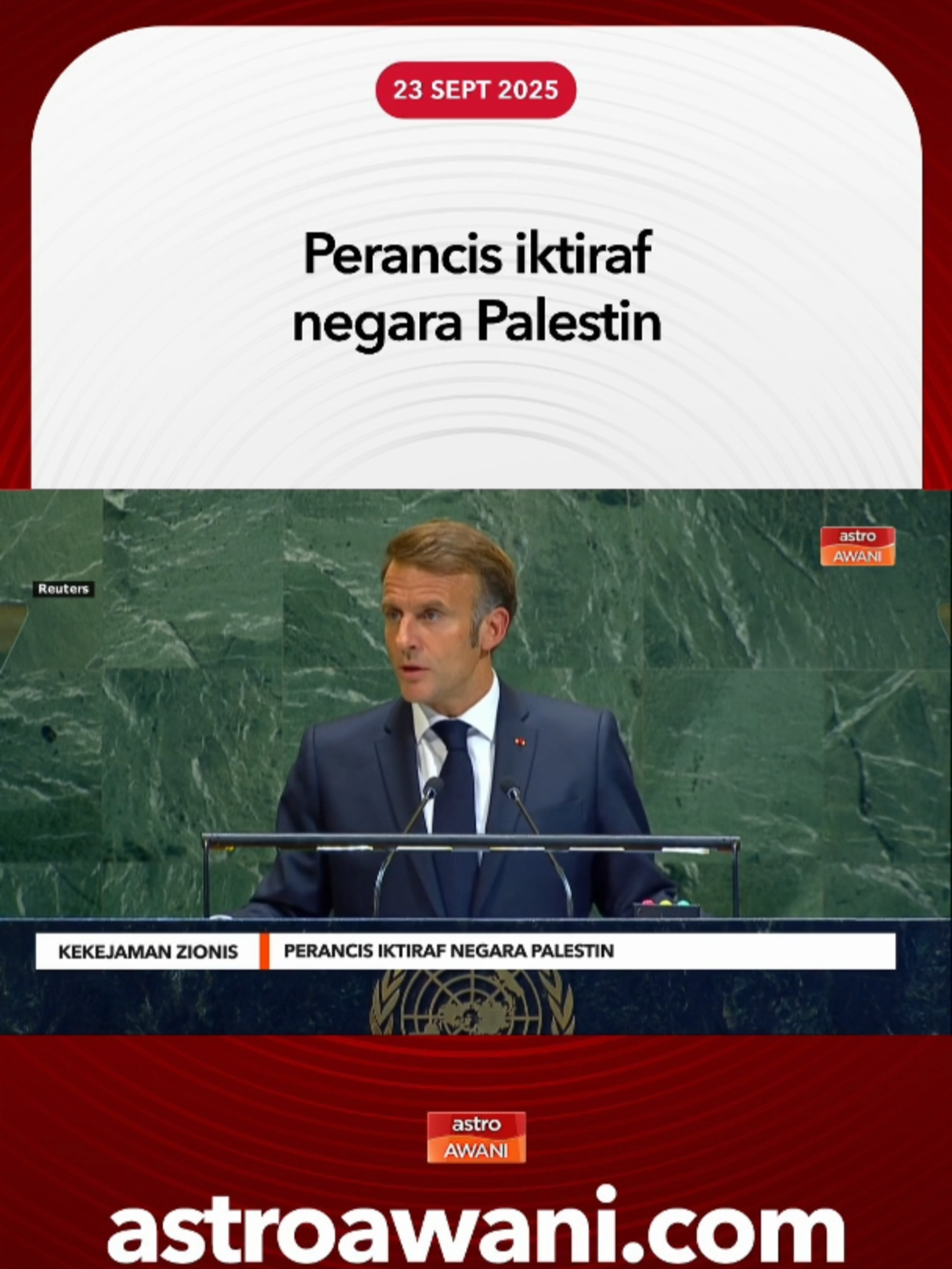 Presiden Emmanuel Macron umum pengiktirafan Palestin di persidangan PBB, menjadikan lebih 150 negara kini akui penyelesaian dua negara sebagai jalan damai. #AWANInews