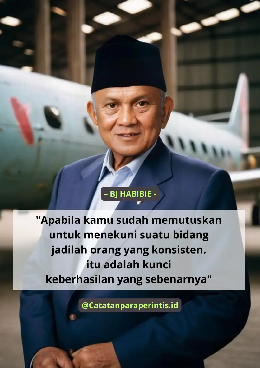 Konsistensi adalah kunci keberhasilan yang sebenarnya. Kalimat ini lahir dari pengalaman hidupnya yang panjang, diwarnai oleh dedikasi tanpa henti dalam menekuni ilmu pengetahuan dan teknologi. Habibie membuktikan bahwa kecerdasan saja tidak cukup, melainkan harus disertai ketekunan yang tidak tergoyahkan. Konsistensi bukan hanya soal mengulang pekerjaan yang sama, tetapi tentang kesetiaan pada visi yang dipilih, meski jalan yang ditempuh penuh dengan rintangan. Dalam dunia modern yang serba cepat, konsistensi sering dianggap membosankan atau kuno. Banyak orang lebih suka berpindah-pindah bidang, mengejar tren terbaru, atau mencari jalan pintas menuju kesuksesan. Padahal, Habibie menunjukkan bahwa keahlian yang mendalam hanya bisa dicapai dengan komitmen jangka panjang. Dengan konsistensi, seseorang membangun kualitas, reputasi, dan kepercayaan. Sebaliknya, tanpa konsistensi, apa pun yang diraih akan rapuh, mudah runtuh oleh godaan atau kegagalan kecil. Pendidikan juga bisa mengambil pelajaran berharga dari prinsip ini. Anak-anak dan mahasiswa perlu didorong untuk tidak hanya berambisi, tetapi juga berdisiplin dalam proses belajar. Konsistensi dalam membaca, menulis, berpikir kritis, maupun berlatih keterampilan tertentu akan melahirkan kecakapan yang sesungguhnya. Habibie sendiri tidak lahir tiba-tiba sebagai pakar pesawat, melainkan menempuh ribuan jam belajar dan penelitian yang konsisten. Inilah yang seharusnya diteladani: bahwa keberhasilan bukanlah hadiah instan, melainkan buah kesabaran yang terus dipupuk. Lebih jauh lagi, konsistensi tidak hanya bermanfaat untuk diri sendiri, tetapi juga untuk masyarakat. Seseorang yang konsisten dalam bekerja dengan jujur, dalam membangun integritas, atau dalam berkontribusi bagi lingkungannya, akan menjadi pilar yang menguatkan kehidupan bersama. Habibie memberikan contoh nyata bagaimana konsistensi pribadi bisa memberi dampak luas, dari dunia teknologi hingga politik. Konsistensi, dalam hal ini, bukan hanya urusan pribadi, melainkan bagian dari tanggung jawab sosial. Akhirnya, pesan Habibie mengingatkan kita bahwa keberhasilan bukanlah puncak yang berdiri sendiri, melainkan perjalanan panjang yang ditempuh dengan langkah-langkah konsisten. Siapa pun bisa bermimpi besar, tetapi hanya mereka yang setia pada jalannya yang benar-benar sampai. Dengan konsistensi, kita bukan hanya mencapai prestasi, tetapi juga membentuk diri menjadi pribadi yang tangguh, dipercaya, dan memberi manfaat bagi banyak orang. Itulah makna terdalam dari kunci keberhasilan yang sejati. Semoga tulisan ini bermanfaat ya, Share agar manfaatnya sampai yg lain. Follow terus untuk dapatkan tips dan kutipan motivasi berikutnya. #motivasi #storywa #inspiration #quotes #katabijak 