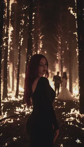 gemini ai prompt: Crea una foto de noche en un bosque con mucho fuego donde se quemen los árboles y todo, este panorama debe estar un poquito borroso y la mujer debe estar de espaldas volteando solo la cabeza al lado izquierdo como si ella hubiera sido la que quemó todo con una mirada apagada y una lágrima en el ojo con los ojos cerrados. y tiene puesto un vestido negro pegado con mangas largas. La foto debe ser como si fuera tomada con una camara, algo borrosa, con el rostro y facciones de la mujer. Utiliza la misma mujer que te estoy dando. Al fondo del fuego se observa la silueta de un chico y una mujer con un vestido blanco de novia. la foto no tan alumbrada. #fyp #foryoupage #geminiai #tuboda #parati 