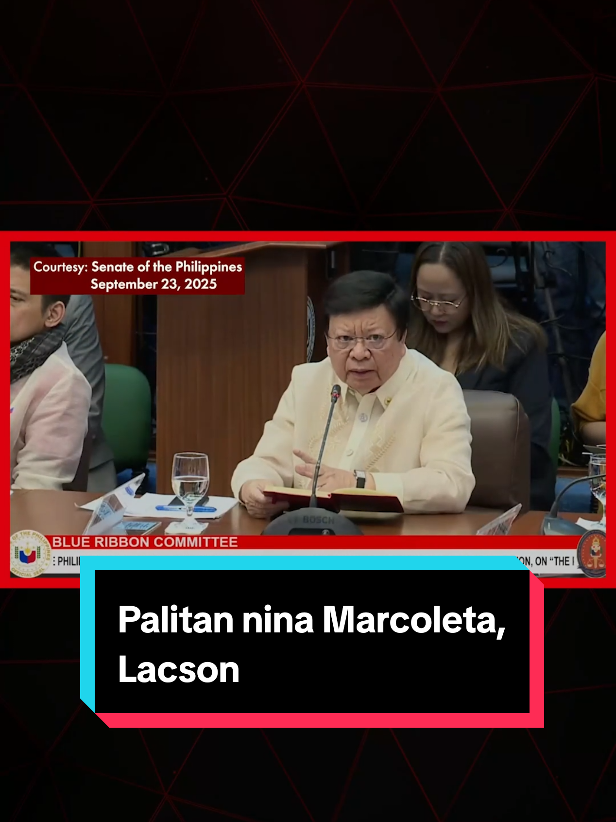 KAKAUMPISA PA LANG, NAGKAINITAN AGAD Nagkaroon agad ng tensyon sa pagitan nina Senate Blue Ribbon Committee Chairman Sen. Ping Lacson at Sen. Rodante Marcoleta. Ito ay matapos kwestiyunin ni Marcoleta ang isang interview ni Lacson sa isang news organization kung saan sinabi niya na mas malakas ang tiyansa ni dating DPWH engineer Brice Hernandez na maging state witness kumpara sa mag-asawang Discaya.