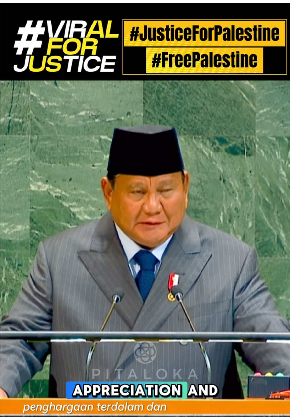 #ViralForJustice #ViralForPalestine #FreePalestine Senin, 22 September 2025 Presiden RI Prabowo Subianto menegaskan pentingnya pengakuan terhadap negara Palestina sebagai langkah bersejarah menuju perdamaian dunia. Hal itu ia sampaikan dalam pidatonya di Konferensi Tingkat Tinggi Two State Solution di Markas Besar PBB, New York, Senin (22/9) waktu setempat. Presiden Prabowo menyatakan keprihatinan mendalam atas situasi kemanusiaan di Gaza dan bow menekankan bahwa perang hanya memperburuk penderitaan warga sipil. la menyerukan penghentian konflik serta menegaskan kesiapan Indonesia untuk berkontribusi nyata, termasuk mengirimkan pasukan penjaga perdamaian. Dalam pidatonya, Presiden Prabowo juga menyampaikan komitmen Indonesia terhadap solusi dua negara sebagai jalan utama menuju perdamaian. Ia menegaskan Indonesia akan mengakui Israel setelah negara tersebut mengakui kemerdekaan dan kedaulatan Palestina. Presiden Prabowo mengecam segala bentuk kekerasan terhadap warga sipil dan menilai Deklarasi New York sebagai fondasi penting bagi perdamaian yang adil dan berkelanjutan. Menurutnya, pengakuan negara Palestina harus membuka jalan nyata menuju perdamaian sejati bagi semua pihak. Salam Sopan Indonesia! #RiekeDiahPitaloka #RDP 