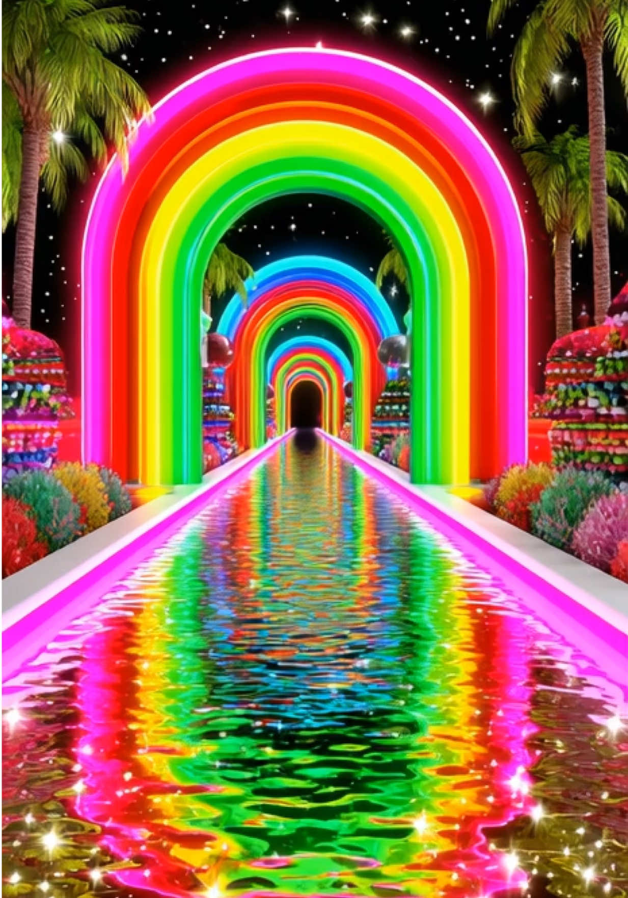 Vibrant neon rainbow arches glowing over water with dazzling reflections. A trippy, psychedelic live wallpaper for a colorful and aesthetic phone background 🌈✨ Check out my profile for more #livewallpaper #wallpaper #neonvibes #starrysky #scenery 