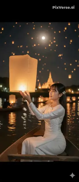 aiန့ဲမီးပုံးလွှတ်လို့ရပီနော် 1 open gemini in google/Chrome 2 upload in image 3 copy paste the prompt A realistic half-body photo of a beautiful Burmese woman sitting gracefully on a wooden boat at night. She is wearing an elegant golden silk Myanmar blouse with delicate embroidery and a matching golden longyi. Her hair is straight with a neat middle part, decorated with a small flower, beauty makeup, radiant look. She is gently holding a glowing golden sky lantern with both hands, lifting it upward to release into the night sky. The sky is filled with countless golden lanterns floating upward, glowing warmly under the bright full moon. Around her, other people on nearby wooden boats are also releasing lanterns into the sky, creating a joyful, communal festival atmosphere. The calm river reflects the golden lights, lanterns, and moonlight, while a riverside pagoda softly glows in the background. Keep the womans face exactly the same. Do not crop as portrait; show natural half-body composition on the boat.Do not change facial features.#prompt #Ai #trend #trending #foryoupage 