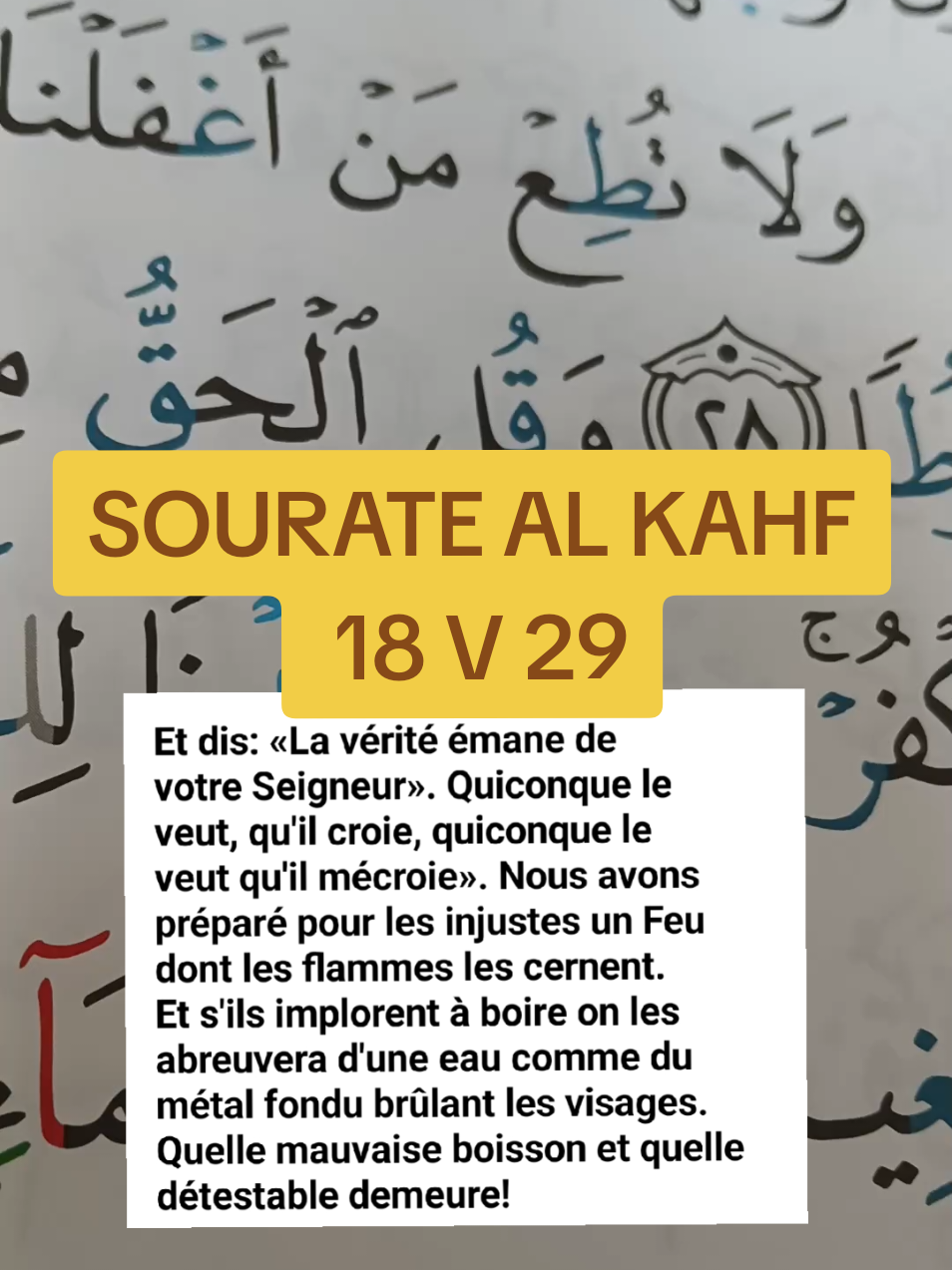 SOURATE 18 V 29 Al-Kahf #29 وَقُلِ الْحَقُّ مِنْ رَبِّكُمْ ۖ فَمَنْ شَاءَ فَلْيُؤْمِنْ وَمَنْ شَاءَ فَلْيَكْفُرْ ۚ إِنَّا أَعْتَدْنَا لِلظَّالِمِينَ نَارًا أَحَاطَ بِهِمْ سُرَادِقُهَا ۚ وَإِنْ يَسْتَغِيثُوا يُغَاثُوا بِمَاءٍ كَالْمُهْلِ يَشْوِي الْوُجُوهَ ۚ بِئْسَ الشَّرَابُ وَسَاءَتْ مُرْتَفَقًا Et dis: «La vérité émane de votre Seigneur». Quiconque le veut, qu'il croie, quiconque le veut qu'il mécroie». Nous avons préparé pour les injustes un Feu dont les flammes les cernent. Et s'ils implorent à boire on les abreuvera d'une eau comme du métal fondu brûlant les visages. Quelle mauvaise boisson et quelle détestable demeure!#kahf #rappels_islam #alkitabwasunnah #pourtoi 