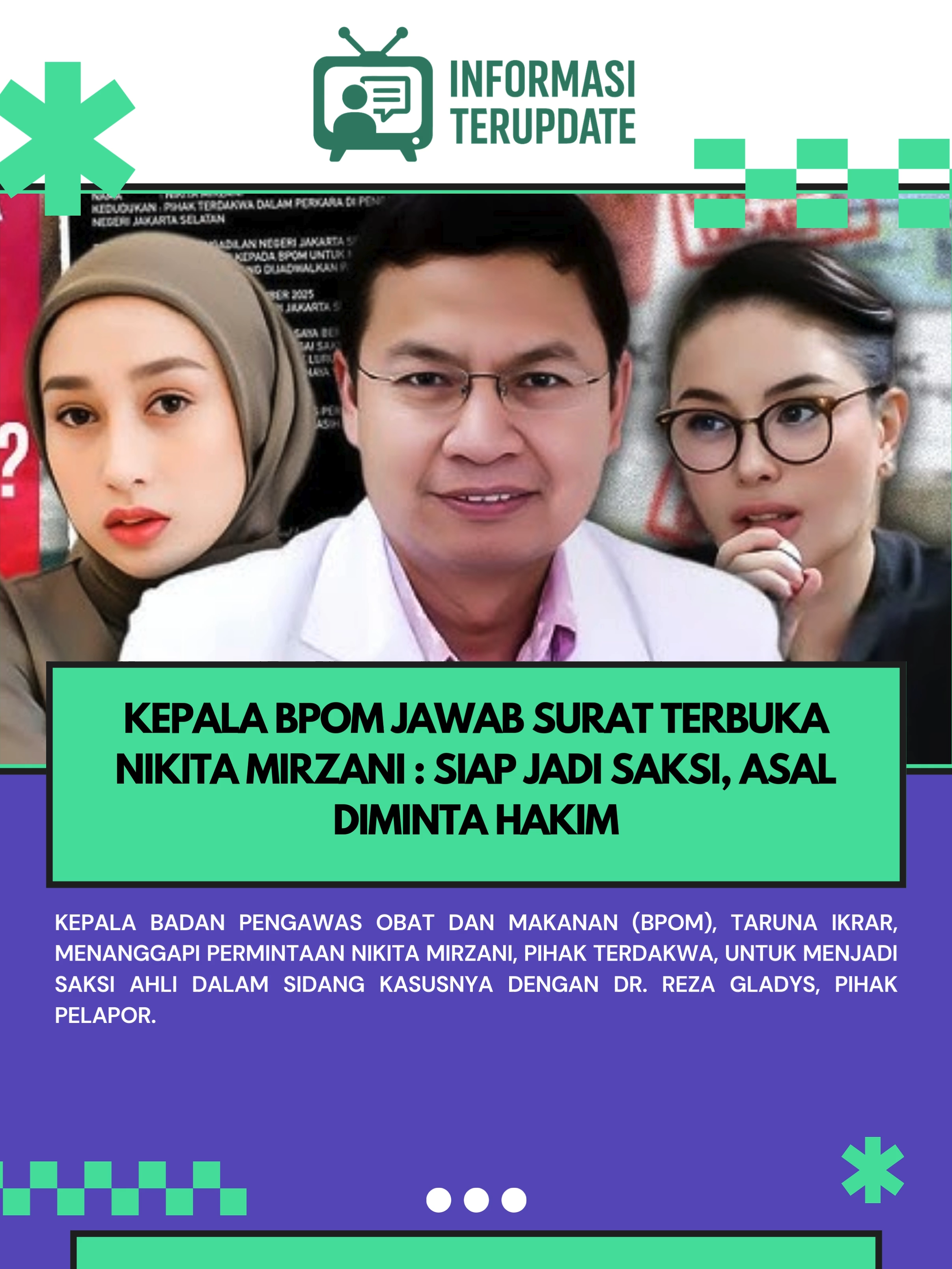 Kepala Badan Pengawas Obat dan Makanan (BPOM), Taruna Ikrar, menanggapi permintaan Nikita Mirzani, pihak terdakwa, untuk menjadi saksi ahli dalam sidang kasusnya dengan dr. Reza Gladys, pihak pelapor.  Taruna menegaskan bahwa BPOM sebagai lembaga negara siap hadir, namun dengan syarat, permintaan tersebut harus datang secara resmi dari hakim, bukan dari pihak yang berperkara. “Ada aturannya karena menjadi saksi itu bukan saksi pribadi, saksi lembaga. Lembaga memiliki aturan, kalau atas nama lembaga, itu bukan permintaan pribadi, tapi harus permintaan hakim,” tegas Taruna, di tengah acara workshop BPOM dengan Pharmaceutical Security Institute (PSI). Sebelumnya, pernyataan tersebut merupakan tanggapan atas surat terbuka yang dilayangkan oleh Nikita Mirzani. #nm #nikitamirzani