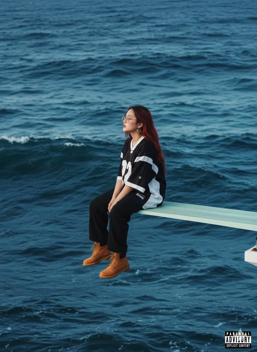 Pak! Si sza ka jarn? 😆 #geminiai #sza  Prompt: A square-format album-cover scene of alone subject [person in the image] sitting in relaxed profile on the very tip of a white spring diving board that just in from frame right over a vast ocean; no horizon or land visible-only layered, choppy waves filling the frame; Subjects wears an oversized black and white athletic jersey, black pants and timberland brown boots; composition matches precisely-the subject is placed on the right third, camera at eye level in three-quarter profile facing frame left with chin slightly lifted, legs dangling, hands resting on the knees, and the diving board nearly horizontal as a clean leading line; sea color tones are dominant and specific; deep indigo base with Prussian blue mid-tones, teal cyan highlights on wave crests, cool slate blue-hour pallete; lightning is soft, diffuse late-day with gentle falloff; add fine film grain, faint halation, slight vignette, mild matte curve, and restrained contrast; shot with a 35mm film look using 135mm telephoto equivalent at f/4. 1/500s. ISO 400 for crisp focus in subject and board with medium-deep depth to keep wave texture legible; include a small 