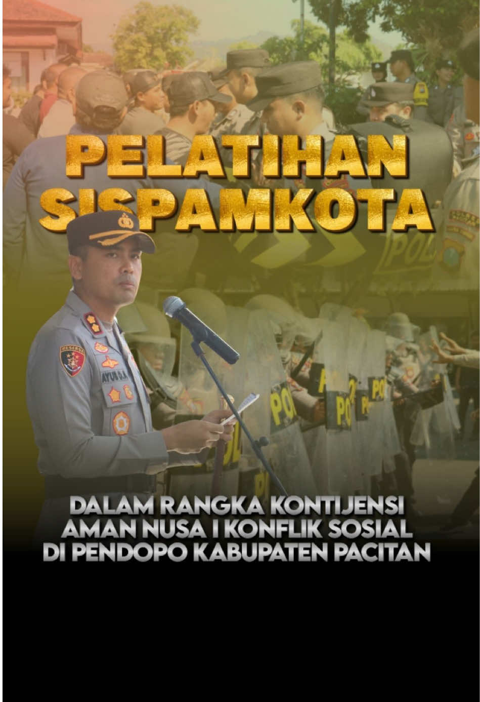 Pelatihan Sispam Kota ini bertujuan untuk melatih kesiapan personel Polres Pacitan dalam menghadapi berbagai potensi gangguan keamanan, terutama terkait pengamanan pemilu, aksi unjuk rasa, maupun situasi kontinjensi lain. Dengan simulasi ini, kita bisa memastikan SOP berjalan baik, koordinasi antar satuan lancar, dan masyarakat tetap merasa aman. Kemudian Kita melibatkan TNI, Satpol PP, Dishub, dan stakeholder terkait. Karena menjaga kondusifitas kota bukan hanya tanggung jawab Polri, tapi kerja bersama. Dengan simulasi lintas instansi, sinergi kita akan semakin kuat. Saya / kami juga ingin masyarakat tahu bahwa Polres Pacitan selalu siap menjaga keamanan. Mari kita sama-sama menjaga ketertiban, supaya Pacitan tetap aman, damai, dan sejuk semanak. @Kapolres Pacitan 