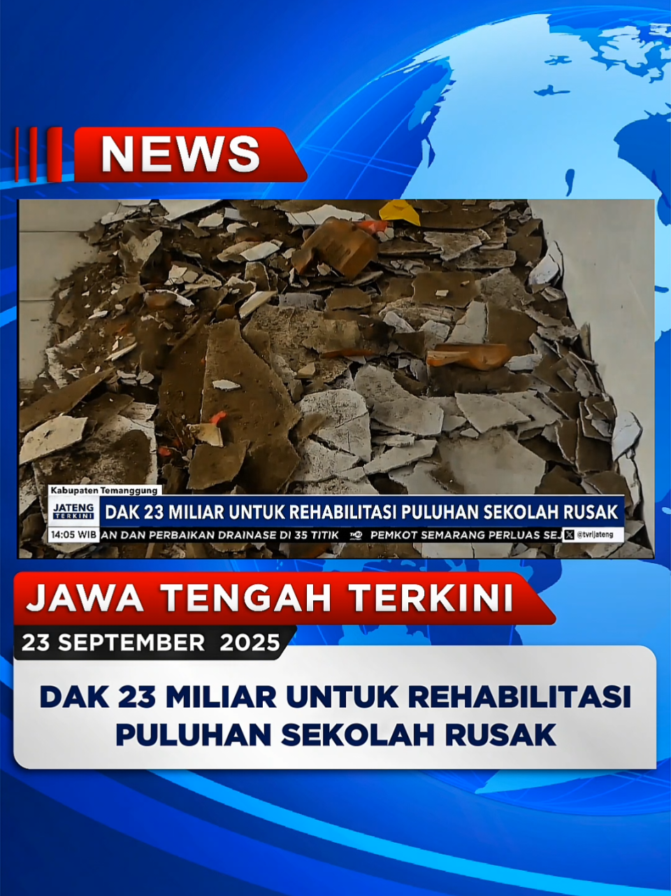 DAK 23 Miliar Untuk Rehabilitasi Puluhan Sekolah Rusak #jatengterkini 23 September 2025 Puluhan sekolah di Kabupaten Temanggung dalam kondisi rusak bahkan sebagian bangunan sudah tidak layak digunakan. Pemerintah Kabupaten memberikan bantuan rehabilitasi berdasarkan kondisi masing-masing sekolah lewat dana alokasi khusus sebesar 23 miliar rupiah. #temanggung #23Miliar #Jawatengah #tvrijateng 