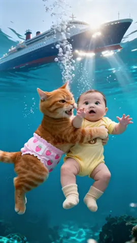 The little cat bravely rescued the drowning baby.#aianimation #funny #catcartoon #cat 
