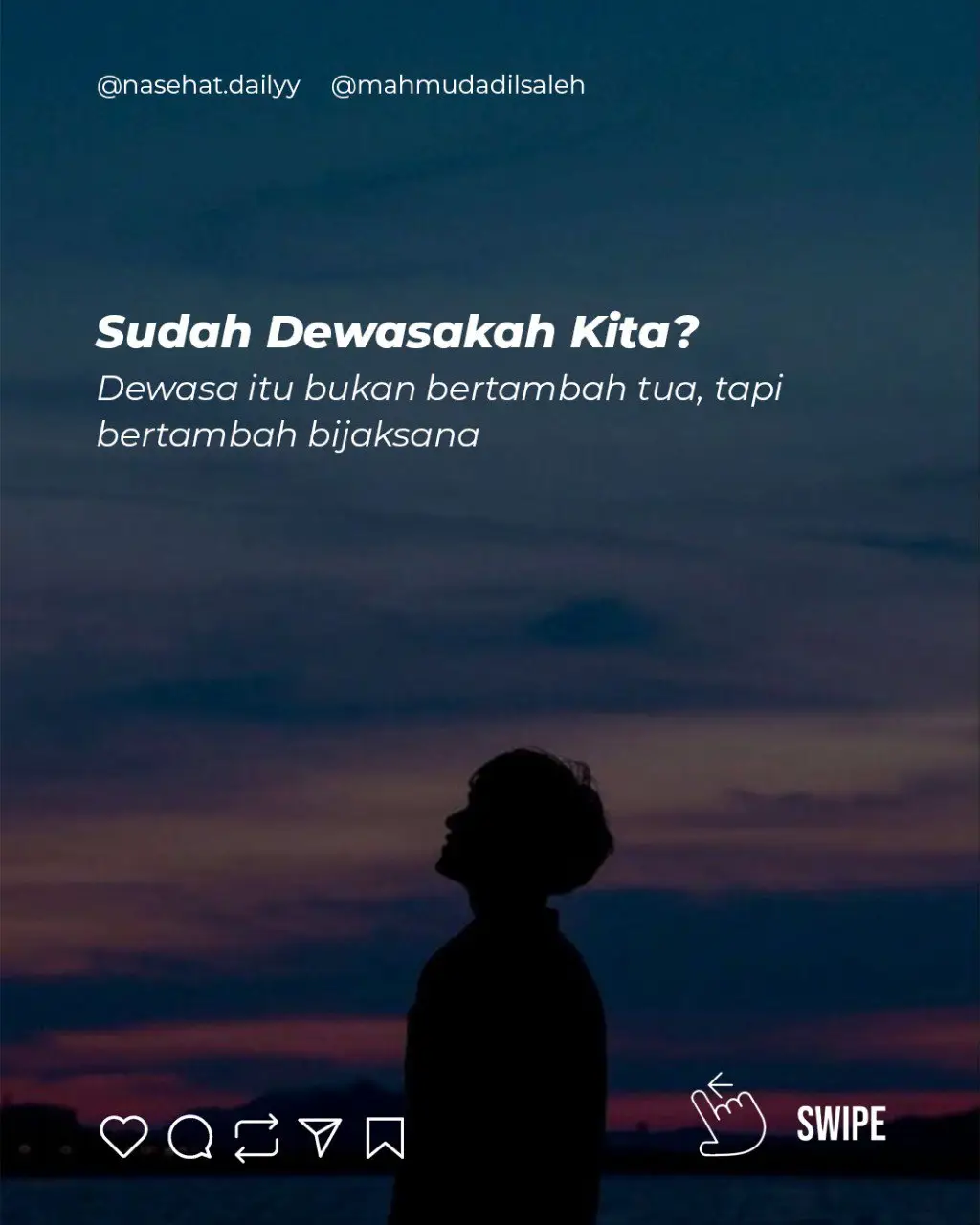 Dewasa itu bukan hanya soal umur. Tapi soal bagaimana kita menahan amarah, belajar intropeksi, menjaga diri sebagai hamba, hingga bersabar dengan pasangan. Kadang kita ingin cepat dimengerti, padahal orang dewasa justru belajar untuk lebih banyak memahami. Kadang hati ingin ribut, tapi orang dewasa tahu kapan harus diam. Menjadi dewasa bukan berarti tanpa luka, justru luka, pengalaman, dan ujianlah yang membentuk kita. Dan di setiap prosesnya, Allah sedang mendidik hati kita untuk lebih matang dan lebih kuat. Jadi… sudah dewasakah kita? #SudahDewasakahKita #BelajarDewasa #MenahanAmarah #fyp #viral @mahmudadilsaleh 