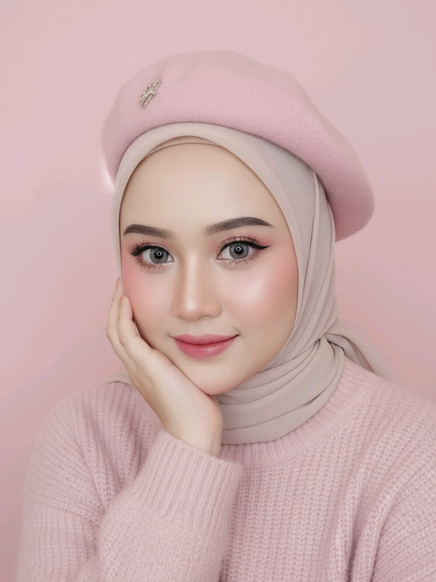 sebenernya udh bosen wkwk tp ini lucuuuk😍🤏🏻 harus di post🫵🏻😋  Prompt Gemini:  Potret hyper-realistic seorang wanita berhijab dengan wajah asli sesuai foto referensi. Ia mengenakan hijab berwarna pink pastel yang dililit rapi, dipadukan dengan sweater rajut tebal warna pink senada, serta topi baret pink dengan emblem kecil. Make-up flawless ala Korean look: foundation matte halus, blush pink segar di pipi, eyeshadow shimmer lembut, eyeliner hitam tipis dengan winged halus, bulu mata lentik natural, softlens abu-abu terang, dan lipstik pink glossy. Pose close-up dengan tangan kanan menyentuh lembut pipi, ekspresi anggun dan manis. Latar belakang warna pink polos. jangan merubah wajah asli dari foto yang saya kirim. #prompt #closeup #fyp #trendgemini #geminiAI 