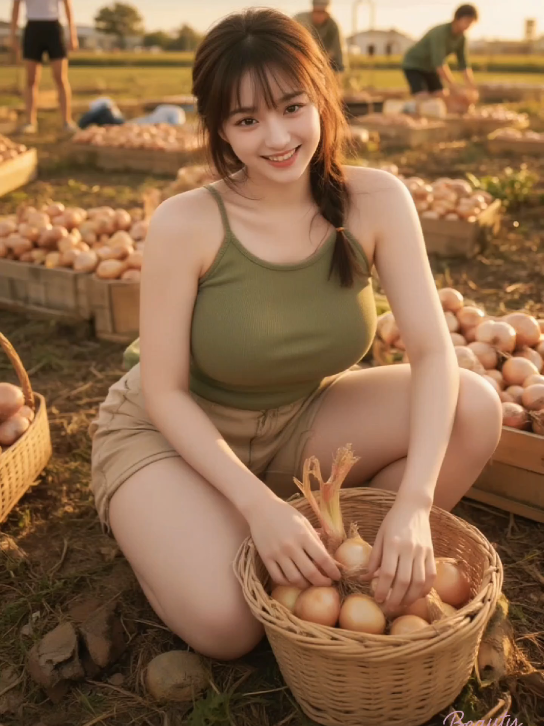 Trời cho hoàng hôn đẹp, đất cho hành thơm🧅… còn em sẽ cho anh trái tim này 🤭🩷 #rusticbeauty #thuhoachhanh  #farmgirlvibes #goldensunset  #peacefulvibes  @beauty.surprise2025 
