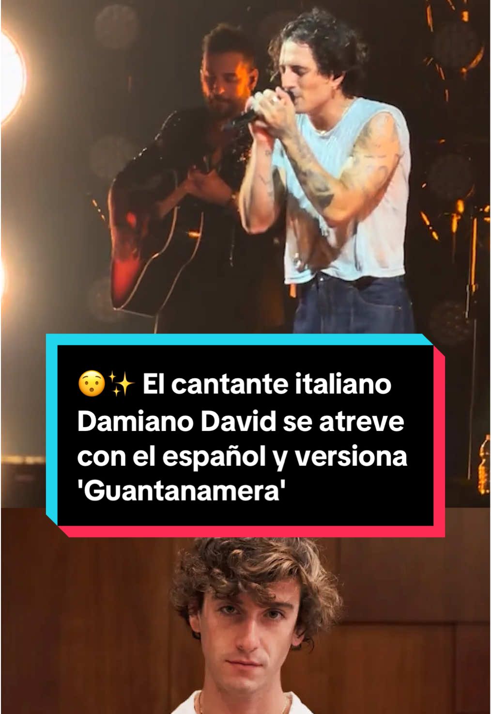 🇪🇸Durante su último directo en el Sant Jordi Club de Barcelona, el intérprete de 'Born With A Broken Heart' sorprendió al público cantando en español con una versión acústica de Guantanamera de Guitarricadelafuente.  En un perfecto español, el artista italiano entona en acústico este tema, que fue ovacionado y aplaudido por los seguidores que acudieron al show y posteriormente compartieron en sus redes. 📹 Judit Martínez Carri #damianodavid #guitarricadelafuente #guantanamera #maneskin #españa 