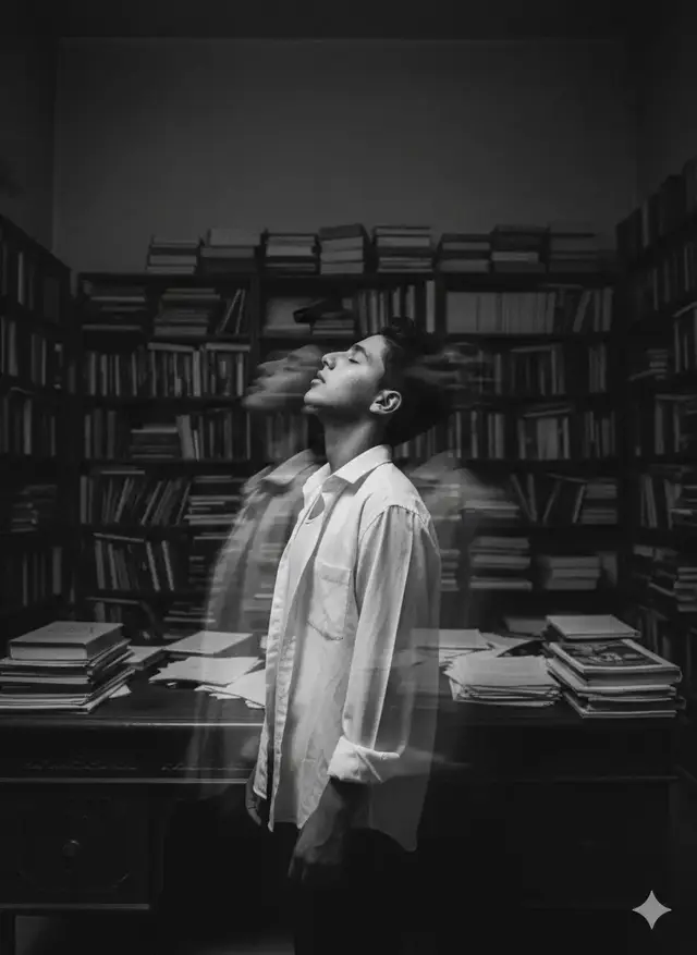 ذكاء اصطناعي(كليشه)#‏:Converi this image into a fine black and whit photography of a handsome young man (using uploaded image) with dark his head tited back in a moment of intensc creative thoughht or ecstasy he is wearing a loose white. collared shirt standing in a dimly lit study papers. the image is captured with a slow. shutter speed. creating dramatic horizontal. motion blur that streaks the background and the edges of his. from. and super realistic