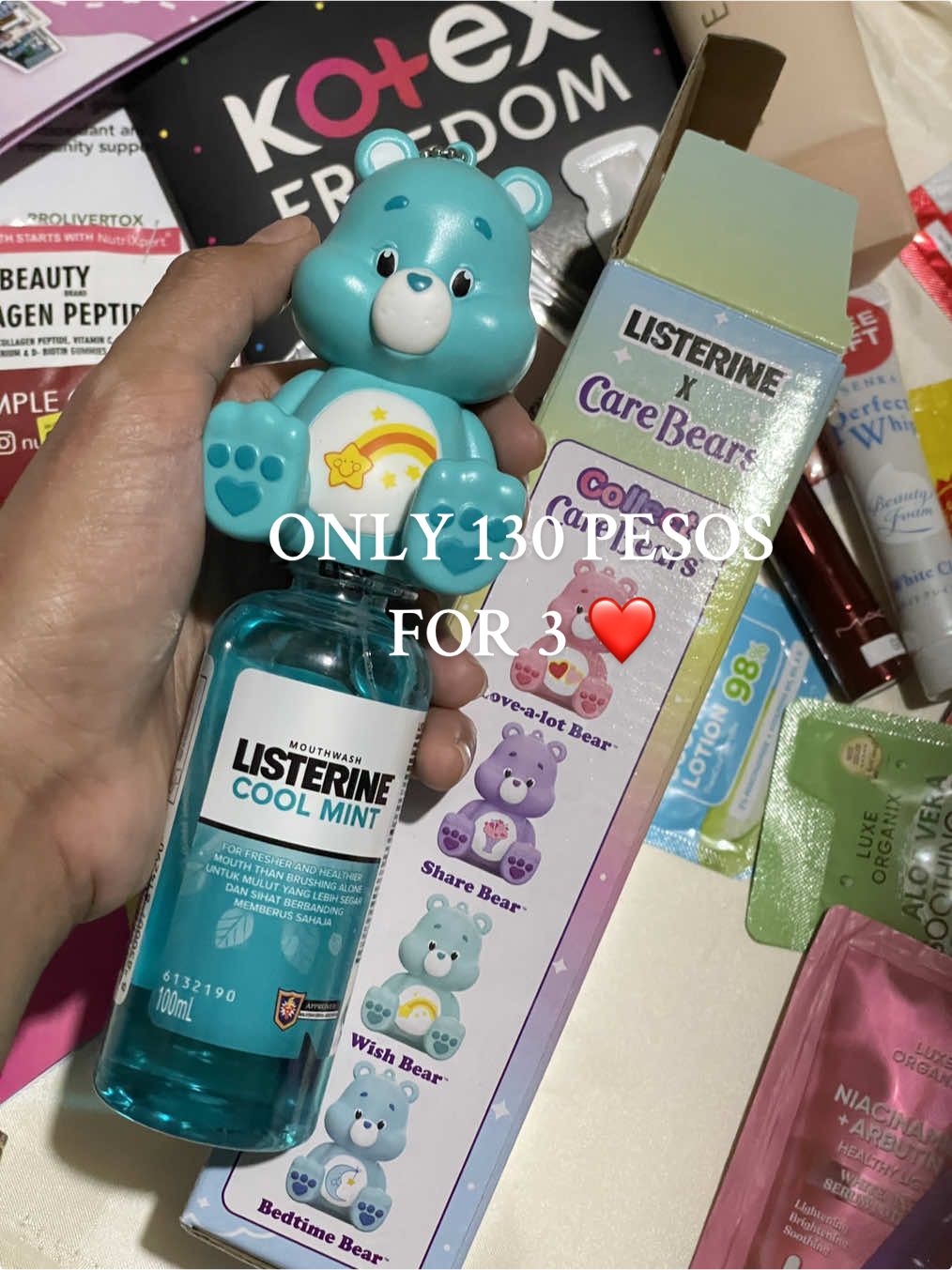 “Limited edition”. You will receive 2 listerine cool mint and 1 wish carebear keychain 🧸 for only 130 pesos 💙 #listerine #mouthwash #carebear 
