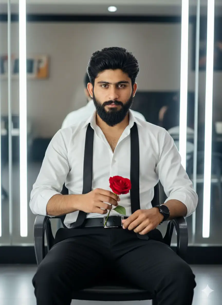 Prompt: Ultra-realistic, high-resolution cinematic portrait shot on an iPhone 17 Pro Max with true-to-life depth and detail. The uploaded person (exact same face and perfectly styled hairstyle from the reference image) sits confidently on a sleek modern chair in front of a mirror, vertical white LED light strips casting a soft, cinematic glow in the background. His eyes lock directly with the camera, intense, contemplative, radiating quiet, magnetic confidence. He wears a crisp white button-down shirt with sleeves rolled up, top buttons slightly undone to reveal a subtle hint of chest, paired with a loosely draped black tie for effortless sophistication. One hand holds a single vibrant red rose resting naturally on his lap; the other arm leans casually on the armrest. Tailored black dress pants with a polished black belt complete the look. The iPhone 17 Pro Max captures ultra-realistic textures -the soft weave of the shirt, the shine on the belt, the smooth skin tones, and the perfectly styled hair. Cinematic soft-diffused lighting sculpts his face, creating subtle shadows that enhance depth, while mirror reflections and ambient bokeh add drama, dimension, and a modern editorial vibe. Colors are vivid but natural, highlights and shadows perfectly balanced, giving a professional, magazine-quality, lifelike portrait that feels both intimate and cinematic.