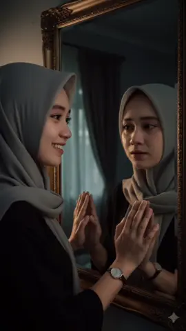 Prompt  Cinematic hyper–realistic mid-shot portrait of a young woman, exactly matching the reference photo — same face, eyes, facial structure, eyebrows, nose, and lips with 100% accuracy, no changes. The framing shows her from hips up, standing in front of a large classic mirror inside a dimly lit bedroom. The camera angle is slightly from the side, so both her real face and the reflection are clearly visible with natural mirror proportions. Her real self is shown with a bright, genuine smile and sparkling eyes, looking directly into her reflection. In the mirror, the reflection looks straight back at her, but with a sad, tearful expression, realistic tears running down her cheeks. This creates a strong emotional contrast. One hand is gently touching the mirror surface at chest level, with the reflection’s hand perfectly aligned, appearing as if they are truly touching through the glass. Lighting is cinematic yet realistic: a warm golden side light highlights the real face and smile, while the reflection is slightly cooler and dimmer with a subtle bluish tint, just like a real mirror. Background: a realistic dim bedroom with heavy dark curtains and faint moonlight filtering through a window, adding depth and atmosphere without fantasy. Technical Details: 8K ultra-high resolution, ultra-sharp focus, photorealistic reflection alignment, mid-shot framing from hips up, hyper-detailed skin and eyes, realistic tears, natural lighting physics, cinematic photography style, editorial quality. #geminiai #googlegemini #trend #viral #fypシ 