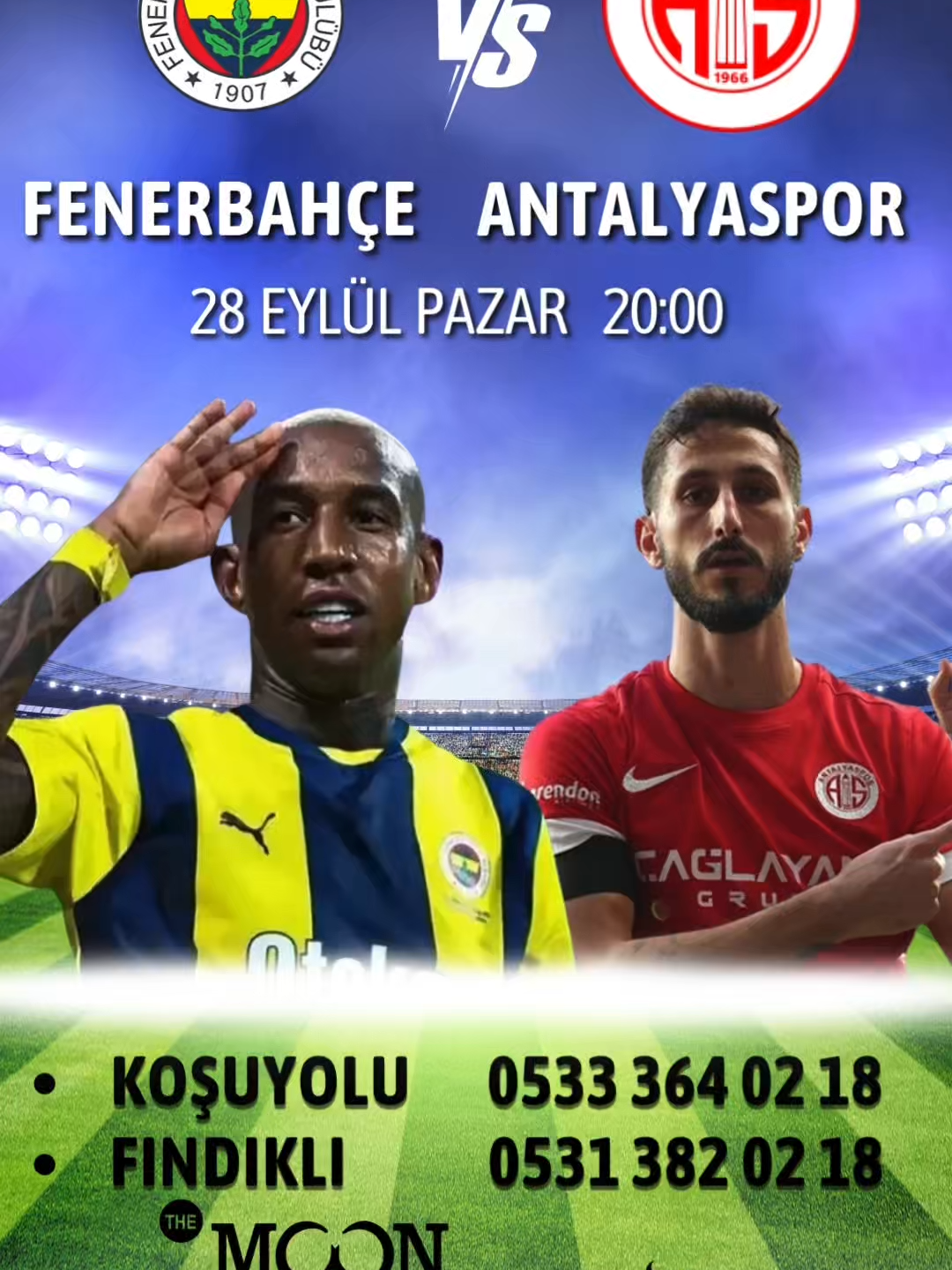 📣 MOON SHINE CAFE RESTORAN 28 Eylül Pazar akşamı futbol keyfi bizde! ⚽ Saat 20:00’de Fenerbahçe – Antalyaspor maçını dev ekranda ve harika atmosferimizde birlikte izliyoruz. Maç heyecanını kaçırma, yerini şimdiden ayırt! 🎉 📍 Koşuyolu Şubesi 📞 0533 364 02 18 📍 Fındıklı Şubesi 📞 0531 382 02 18 #moonshinecaferestoran #maçkeyfi #fenerbahçe #antalyaspor #fenerbahçeantalyaspor #istanbul #koşuyolu #fındıklı #maçizleme #cafematch #maçyayını #futbolkeyfi