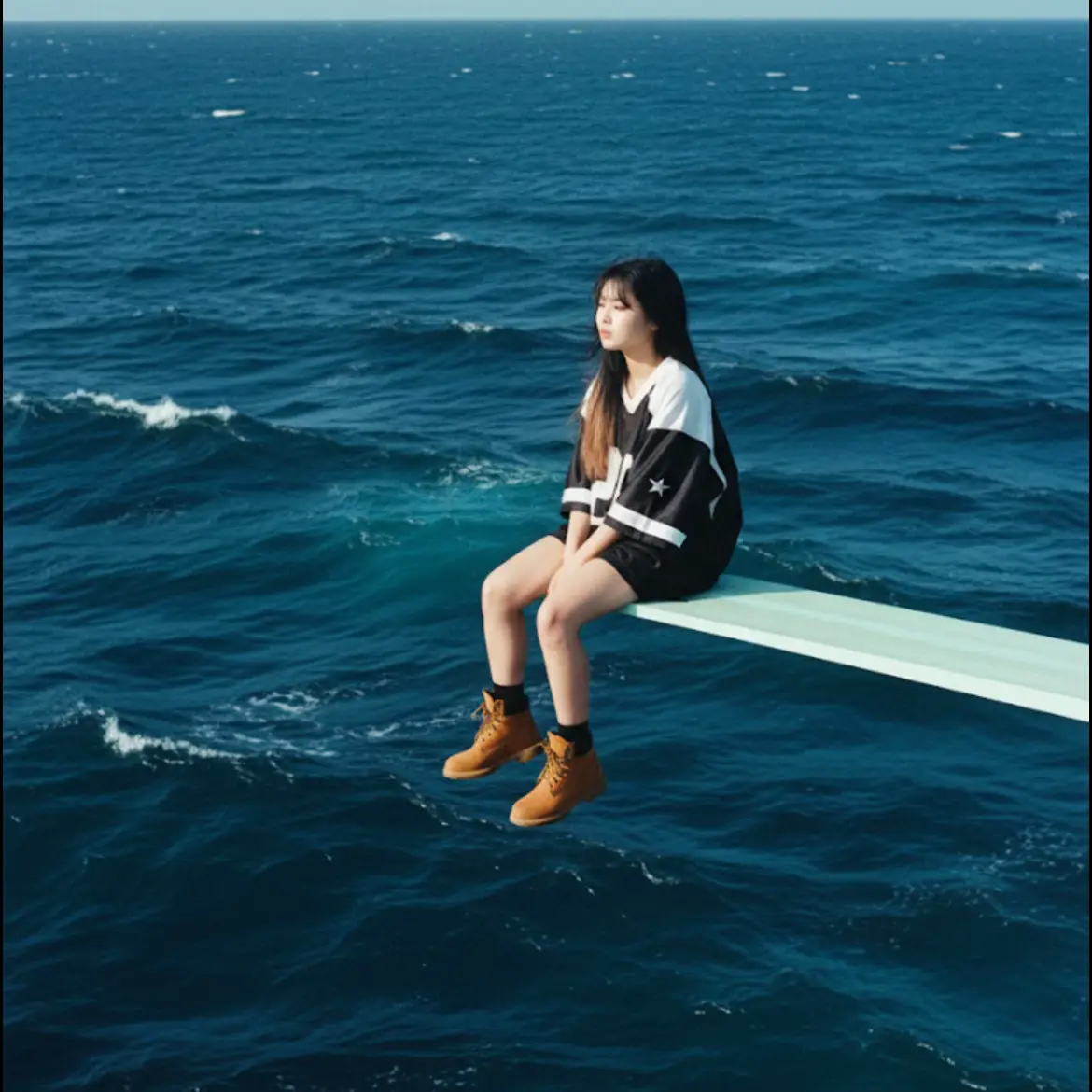 The prompt:A square-format album-cover scene of alone subject [person in the image] sitting in relaxed profile on the very tip of a white spring diving board that just in from frame right over a vast ocean; no horizon or land visible-only layered,choppy waves filling the frame; Subjects wears an oversized black and white athletic jersey, black short pants and barefeet composition matches precisely-the subject is placed on the right third,camera at eye level in three- quarter profile facing frame left with chin slightly lifted, legs dangling,hands resting on the knees, and the diving board nearly horizontal as a clean leading line; sea color tones are dominant and specific; deep indigo base with Prussian blue mid-tones, teal cyan highlights on wave crests, cool slate-blue shadows, and near-black troughs with subtitle silver specular glints-overall cool blue-hour pallete;v lightning is soft, diffuse late-day with gentle falloff; add fine film grain, faint halation, slight vignette, mild matte curve, and restrained contrast; shot with a 35mm film look using 135mm telephoto equivalent at f/4. 1/500s. ISO 400 for crisp focus on subject and board with medium-deep depth to keep wave texture legible; include a small “Parental Advisory: Explicit Content” label tucked into the bottom-right corner matching commercial album art conventions. #sza #openarms #prompt #ai 