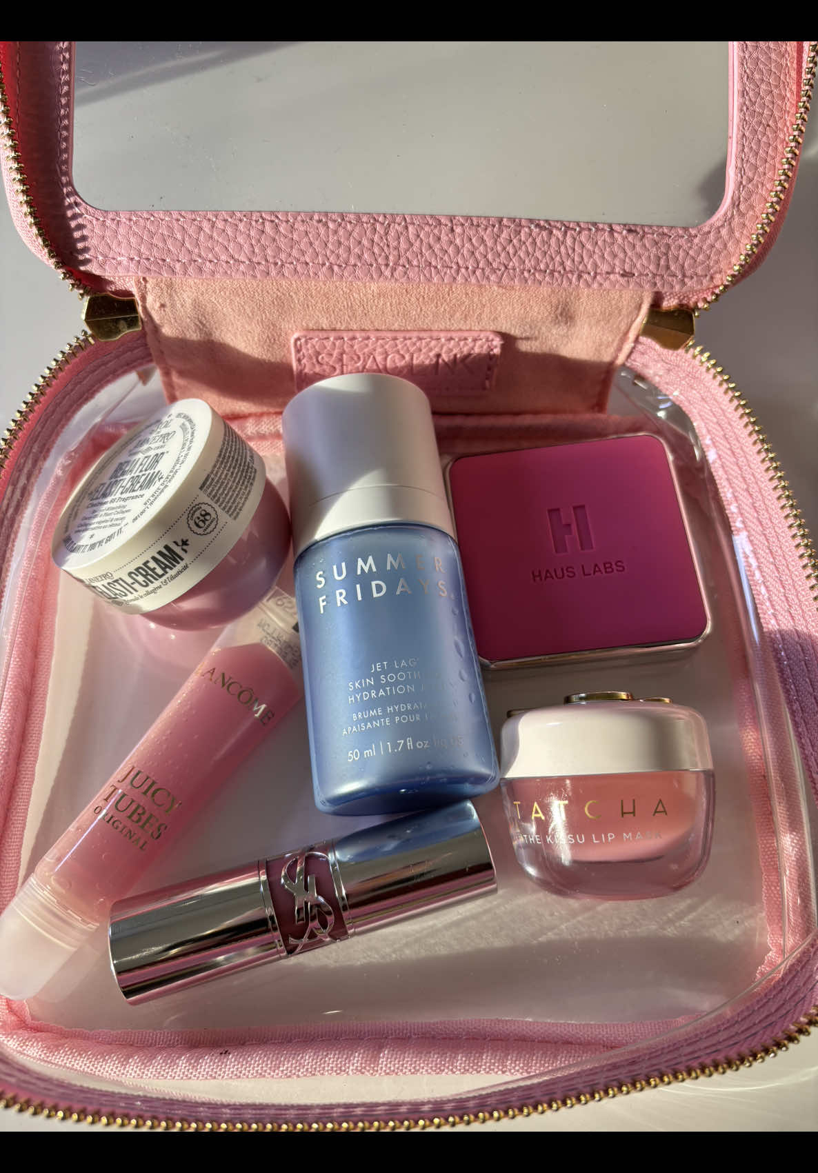 Cute packaging and pink will always get me not sorry😝🤣 @Summer Fridays @Sol de Janeiro Inc @Tatcha US @Haus Labs @Lancôme  @YSL Beauty  #pinkbeauty #pinkblushinspo #pinklipstick #pinkmakeupinspo #makeupbag 