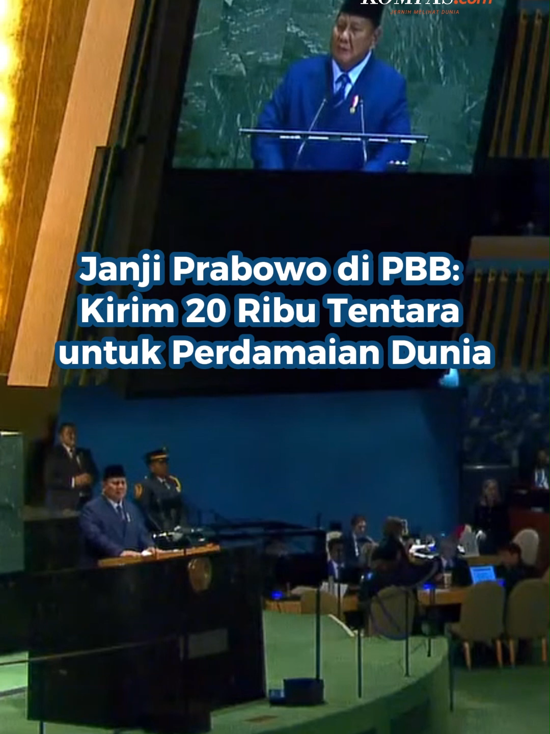 Presiden Prabowo Subianto dalam pidatonya di Sidang Majelis Umum PBB di New York, Selasa (23/9/2025), menegaskan bahwa dunia tidak boleh berdiam diri saat rakyat Palestina kehilangan hak atas keadilan dan legitimasi.  Prabowo menyatakan, keberadaan PBB adalah untuk memastikan perlindungan bagi semua pihak, baik yang kuat maupun lemah, dengan berpegang pada prinsip bahwa yang benar harus tetap benar.  Ia menegaskan Indonesia merupakan salah satu penyumbang terbesar pasukan penjaga perdamaian dan siap mengirim hingga 20.000 personel, termasuk ke Gaza, Ukraina, Sudan, maupun Libya, bila diperlukan. Ia menambahkan, komitmen Indonesia bukan hanya melalui kata-kata, melainkan juga kehadiran nyata di lapangan serta dukungan finansial untuk memperkuat misi PBB dalam menjaga dan menegakkan perdamaian dunia. Kreatif: Jessica Meisya Kurnia Produser: Elizabeth Ayudya Ratna Rininta ~J #Prabowo #PBB #Palestina ##Cut