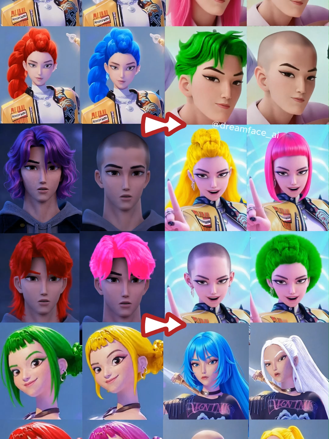 HUNTR/X  with different hairstyles and hair colors, sing 