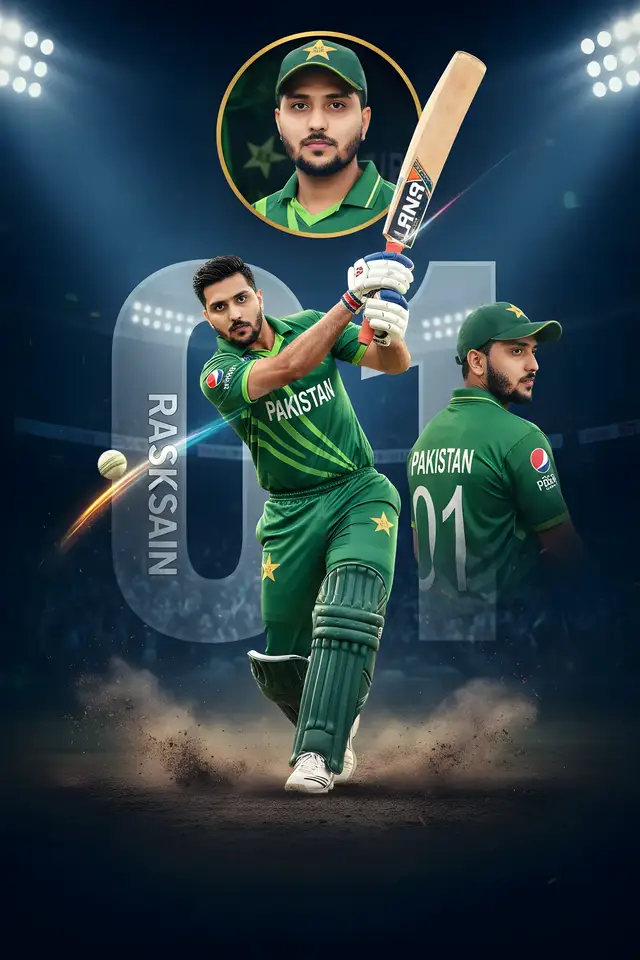 Create an ultra-realistic, high-resolution cinematic professional CRICKETER poster featuring [refer image]. Keep the original face, hair, shape, and angle exactly as in the image, ensuring the face is perfectly clean and 100% accurate. Show the player in three perspectives: 1. Super close-up portrait in a Real Pakistan jersey 2025. 2. Side profile view wearing the Real Pakistan jersey with the glowing back name Rana Hasnain and bold number 01. 3. Full-body shot in complete cricket kit (jersey Real Pakistan 2025, trouser, shoes, pads, gloves, helmet if needed) with authentic sponsor logos. All over green color The jersey and trouser must clearly display the number 01 on the front, back, and side. Add flying grass particles around the player, enhancing the stadium atmosphere. Use a bold dark blue stadium background with a huge glowing number 01 and the name Rana Hasnain shining dramatically behind the character. At the bottom of the poster, place a dynamic action scene of the player performing a powerful cricket shot with cinematic motion blur effects. Overall vibe: cinematic, professional sports poster, dramatic lighting, ultra-detailed textures, high-impact design.keep my face and body features 100 %same as my reference image. #gemini #viralvideos #viraltiktok #foryou #fypage #prompt #ai #pakistan #pakistani_tik_tok #pakistanzindabad 