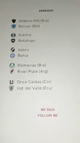 Jogos do dia 24/09/2025! Atlético MG vs Bolivar Grêmio vs Botafogo Vasco vs Bahia Palmeiras vs River Plate Once Caldas vs Ind. del Valle #Brasileirão#Libertadores #futebol #palpites #tiktoksports