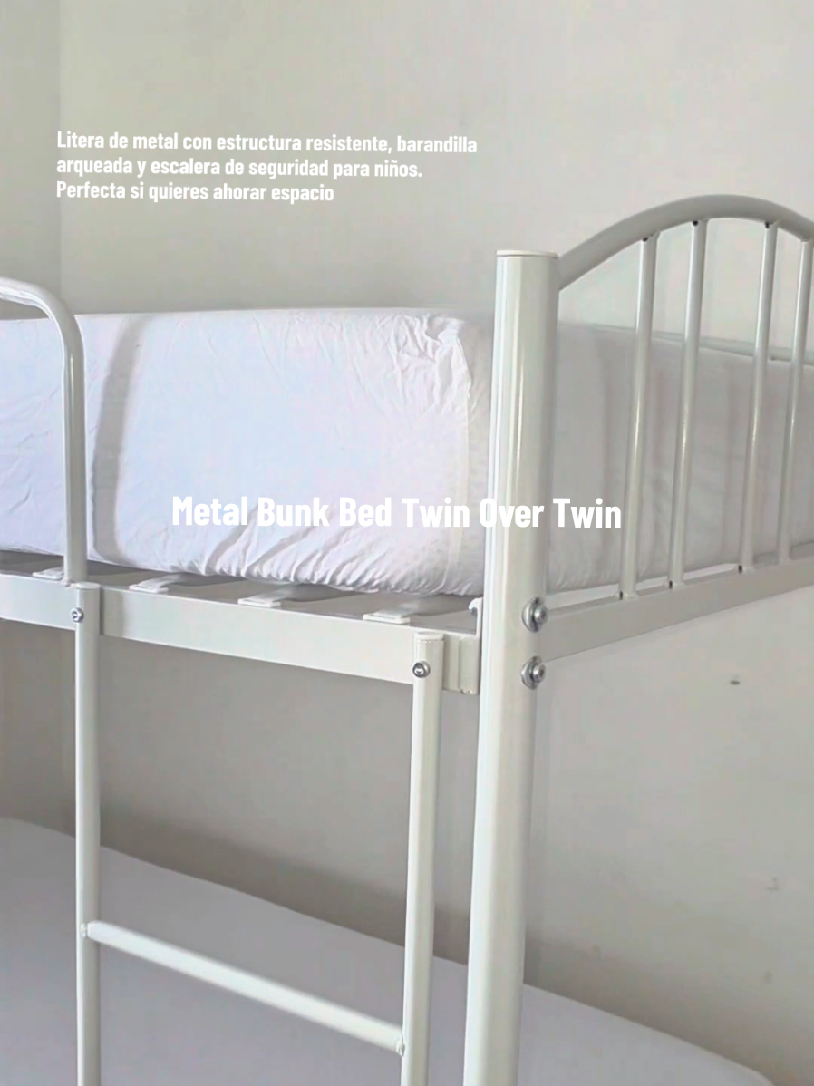 Metal Bunk Bed Twin Over Twin  Litera de metal, cama individual sobre individual, estructura resistente con barandilla arqueada y escalera de seguridad, cama de acero resistente para niños, niñas, ahorra espacio, no necesita somier, blanco mate #litera #bunk #metalbunkbed #childrensbed 