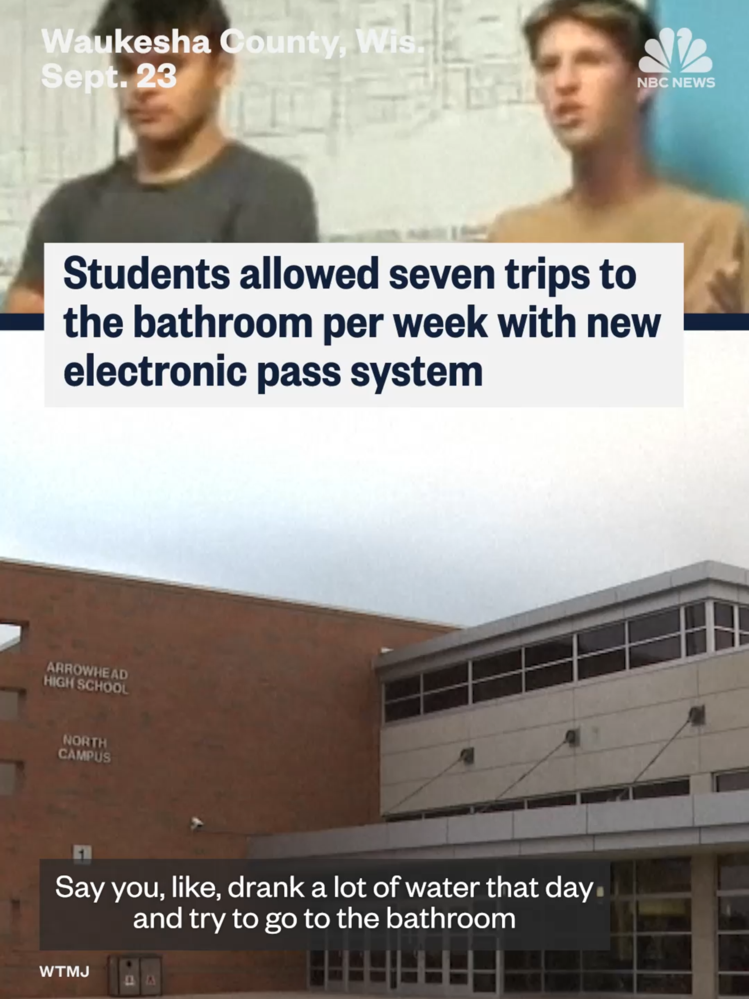 Students at a high #school in #Wisconsin are speaking out against a new #electronic bathroom pass system which allows seven trips to the restroom per week. In a statement, the #Arrowhead Schools superintendent said the system 