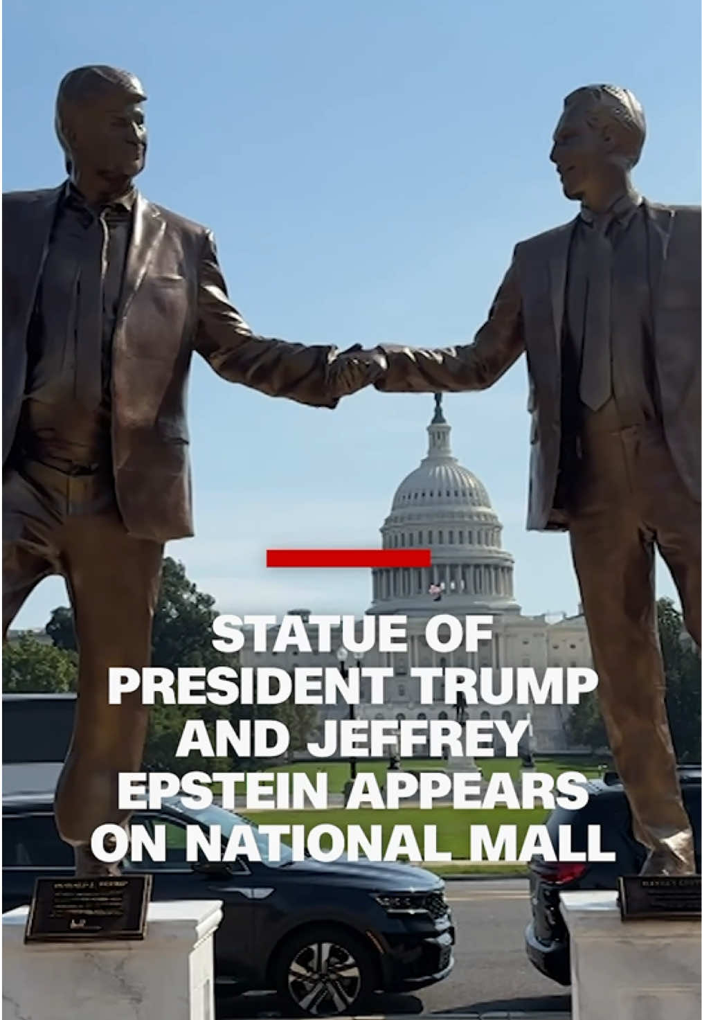 A statue of President Donald Trump and Jeffrey Epstein has been temporarily constructed on the National Mall in Washington, DC by a group calling itself “The Secret Handshake.”